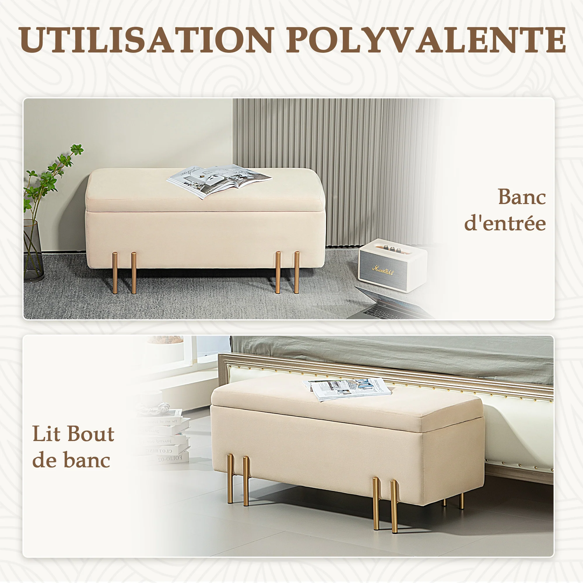 Banc de rangement coffre de rangement design contemporain- banc avec espace de stockage - dim. 100L x 40l x 42H cm - velours beige piètement métal doré - Image 7