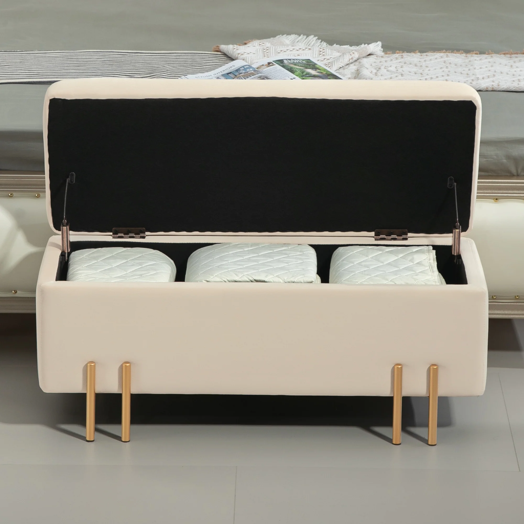 Banc de rangement coffre de rangement design contemporain- banc avec espace de stockage - dim. 100L x 40l x 42H cm - velours beige piètement métal doré - Image 9