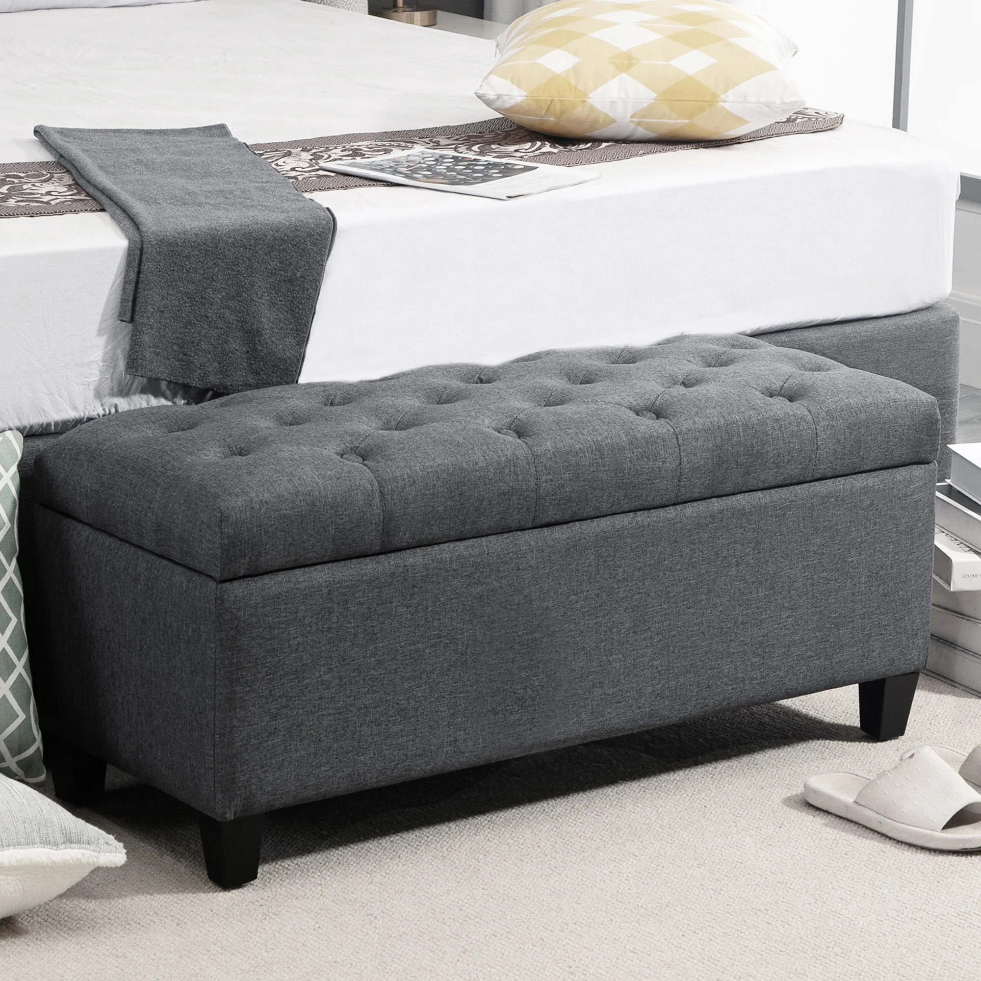 Banc de rangement pouf salon bout de lit capitonné coffre de rangement repose-pieds pour salon, chambre, entrée, 100 x 40 x 44 cm, gris foncé - Image 3