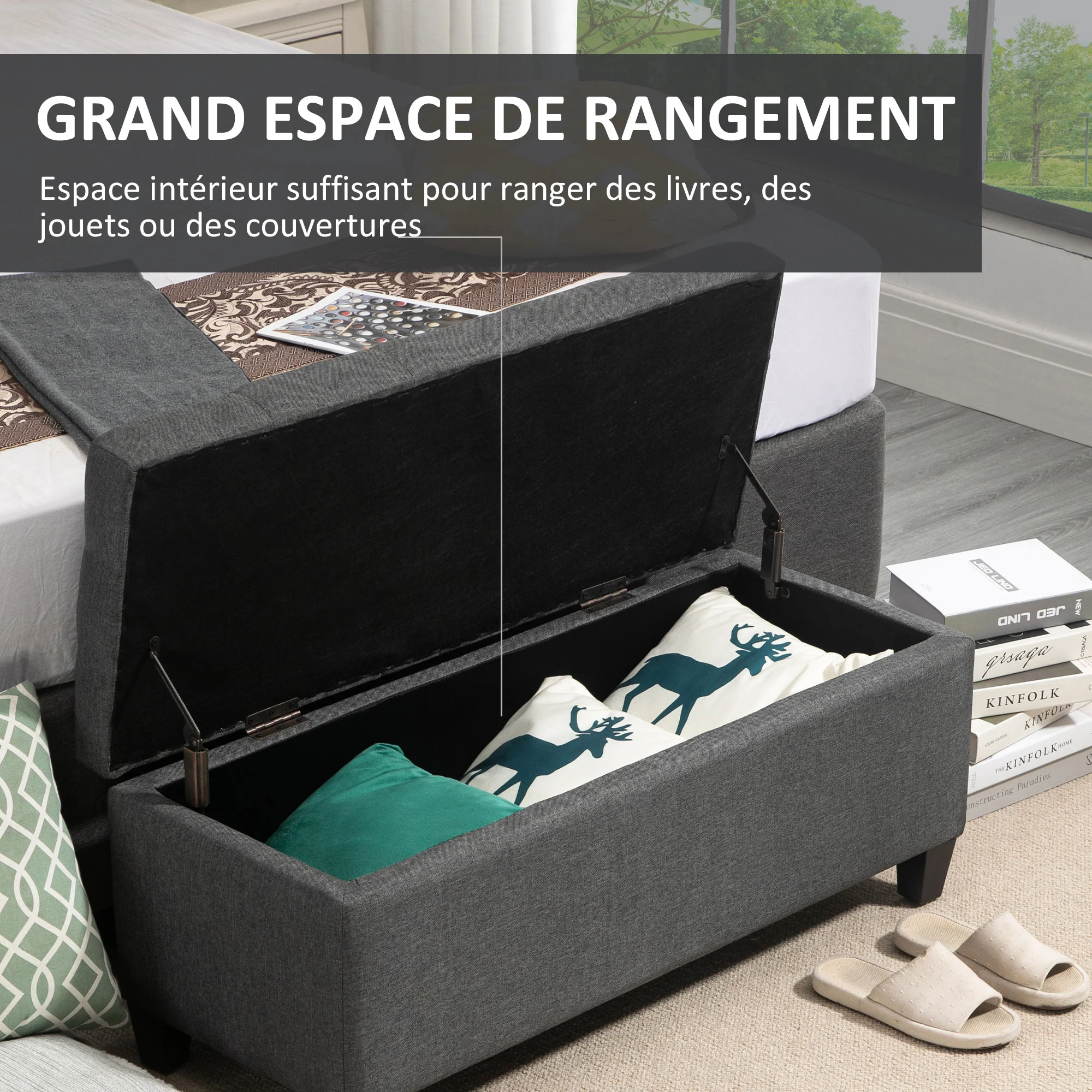 Banc de rangement pouf salon bout de lit capitonné coffre de rangement repose-pieds pour salon, chambre, entrée, 100 x 40 x 44 cm, gris foncé - Image 5