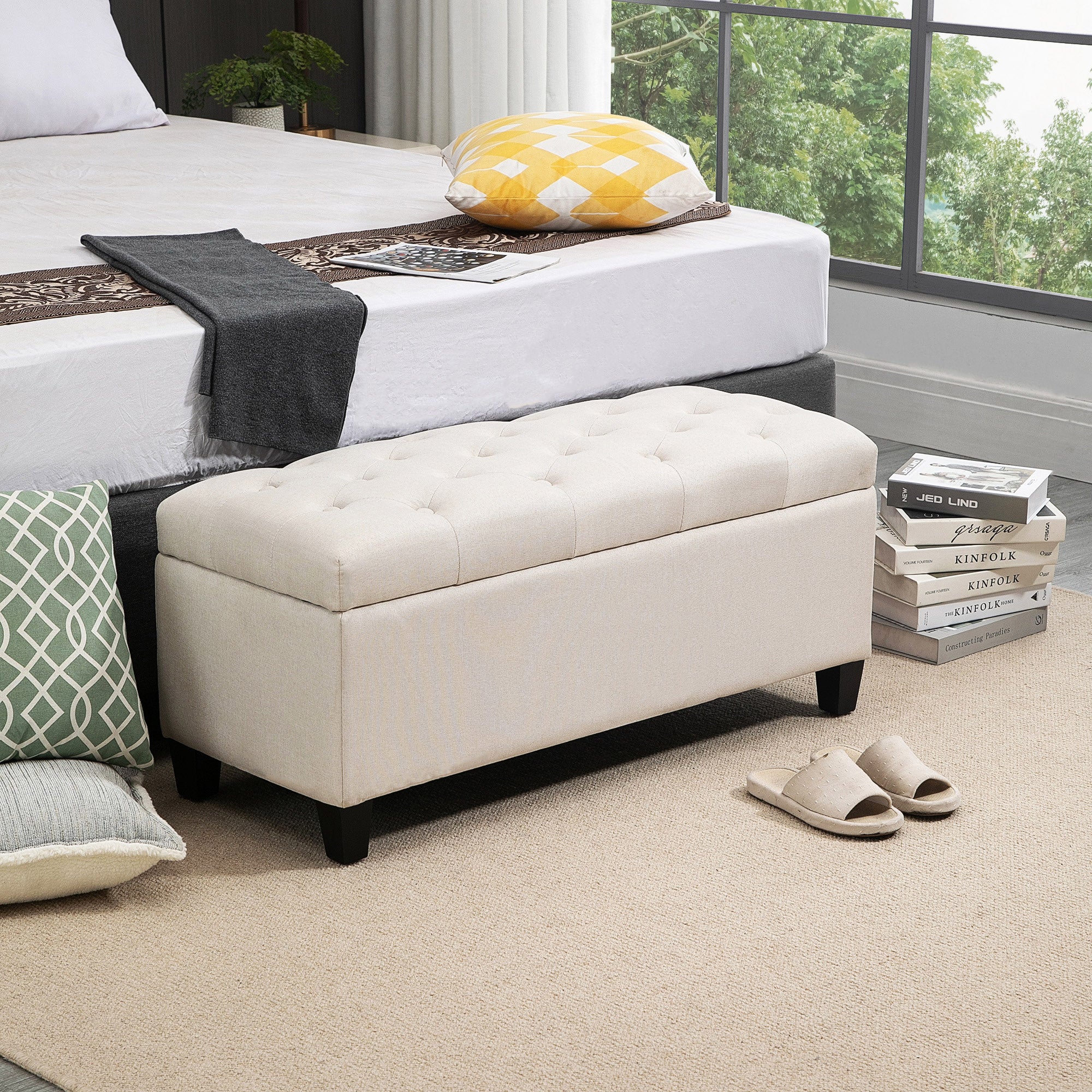 Banc de rangement pouf salon bout de lit capitonné coffre de rangement repose-pieds pour salon, chambre, entrée, 100 x 40 x 44 cm, blanc - Image 3
