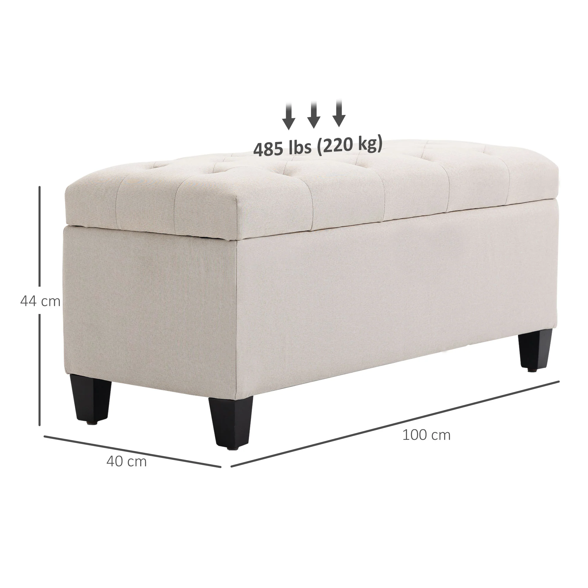 Banc de rangement pouf salon bout de lit capitonné coffre de rangement repose-pieds pour salon, chambre, entrée, 100 x 40 x 44 cm, blanc - Image 4