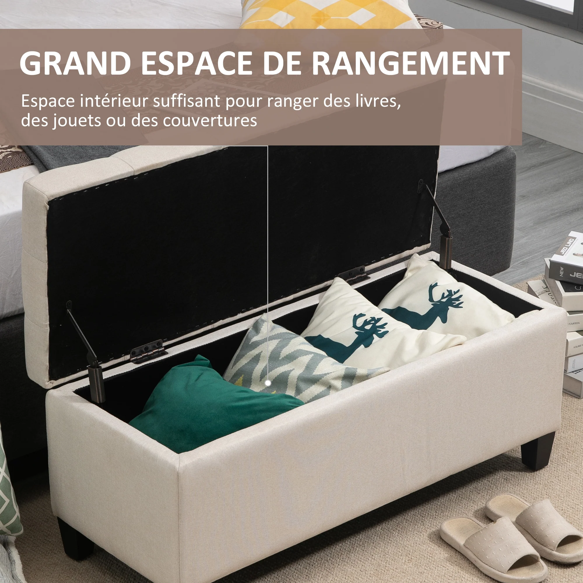 Banc de rangement pouf salon bout de lit capitonné coffre de rangement repose-pieds pour salon, chambre, entrée, 100 x 40 x 44 cm, blanc - Image 5