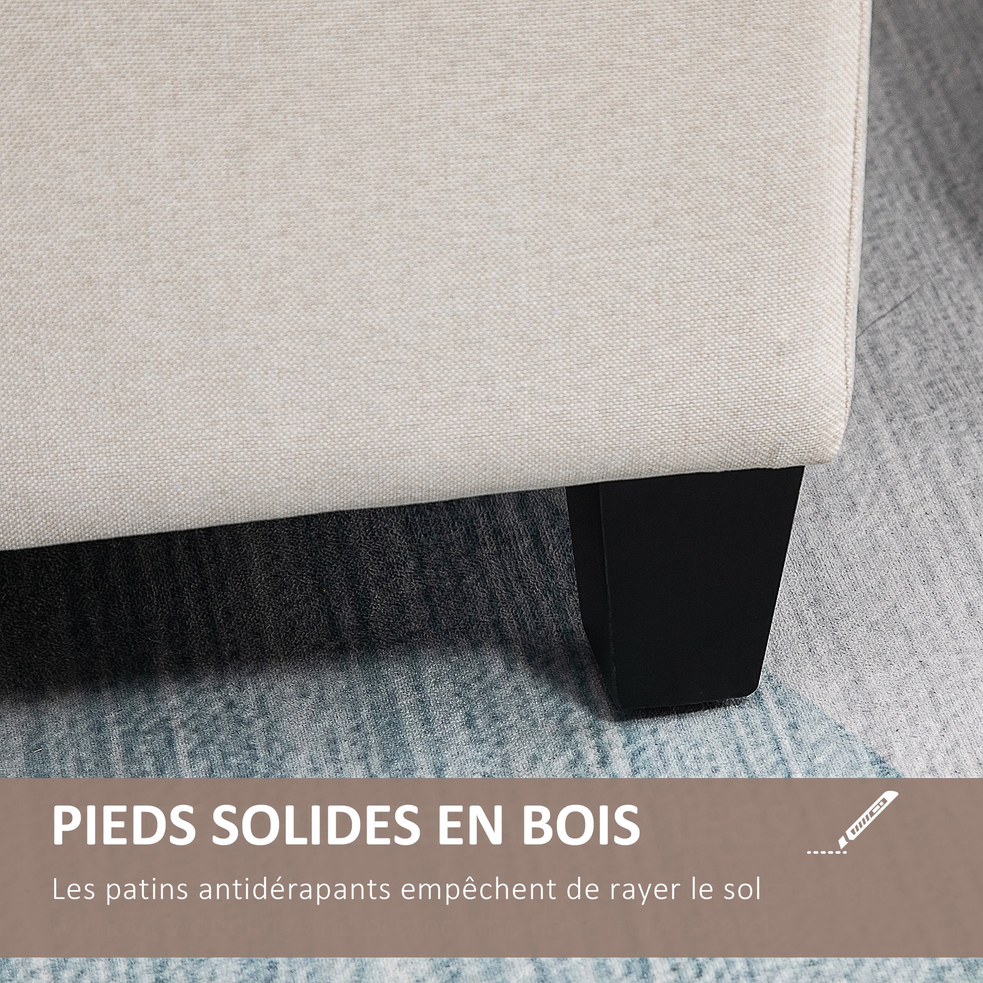 Banc de rangement pouf salon bout de lit capitonné coffre de rangement repose-pieds pour salon, chambre, entrée, 100 x 40 x 44 cm, blanc - Image 6