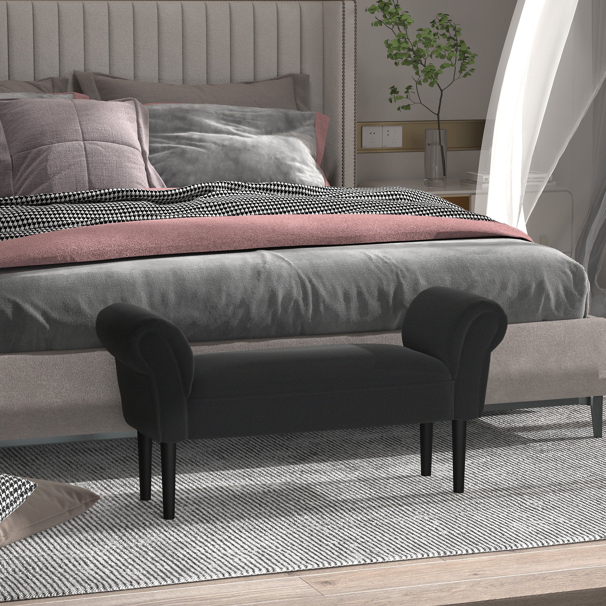 Banc Entrée Bout de Lit Rembourré pour Chambre à Coucher, Tissu à Voile, Noir, 102 x 36 x 51 cm - Image 3
