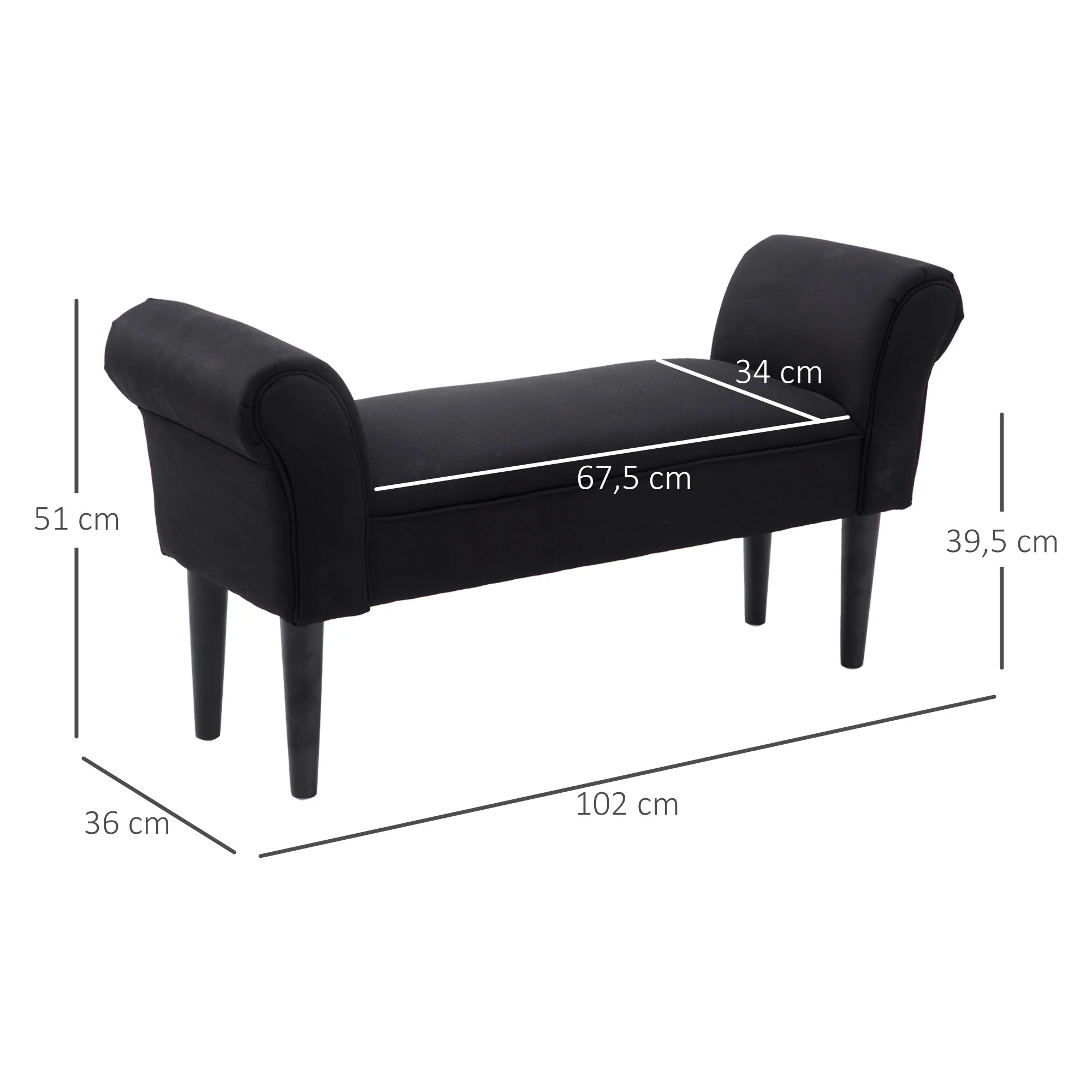 Banc Entrée Bout de Lit Rembourré pour Chambre à Coucher, Tissu à Voile, Noir, 102 x 36 x 51 cm - Image 4