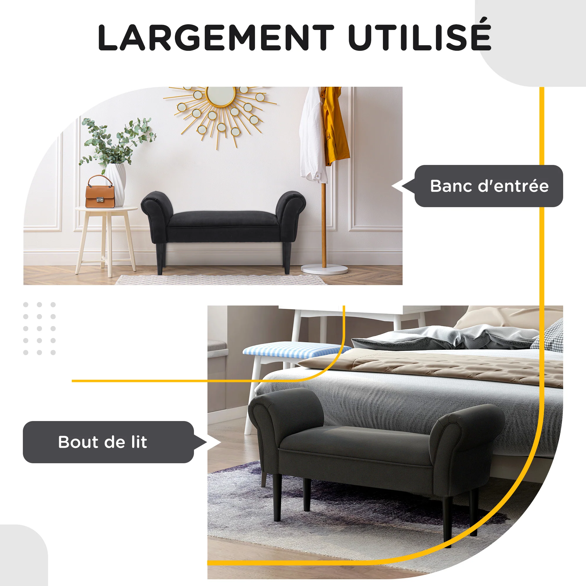 Banc Entrée Bout de Lit Rembourré pour Chambre à Coucher, Tissu à Voile, Noir, 102 x 36 x 51 cm - Image 6