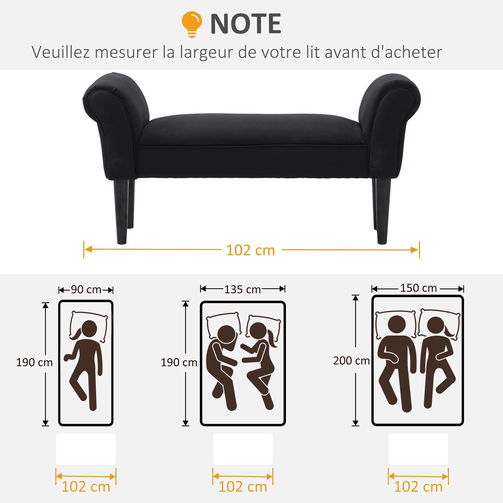 Banc Entrée Bout de Lit Rembourré pour Chambre à Coucher, Tissu à Voile, Noir, 102 x 36 x 51 cm - Image 7
