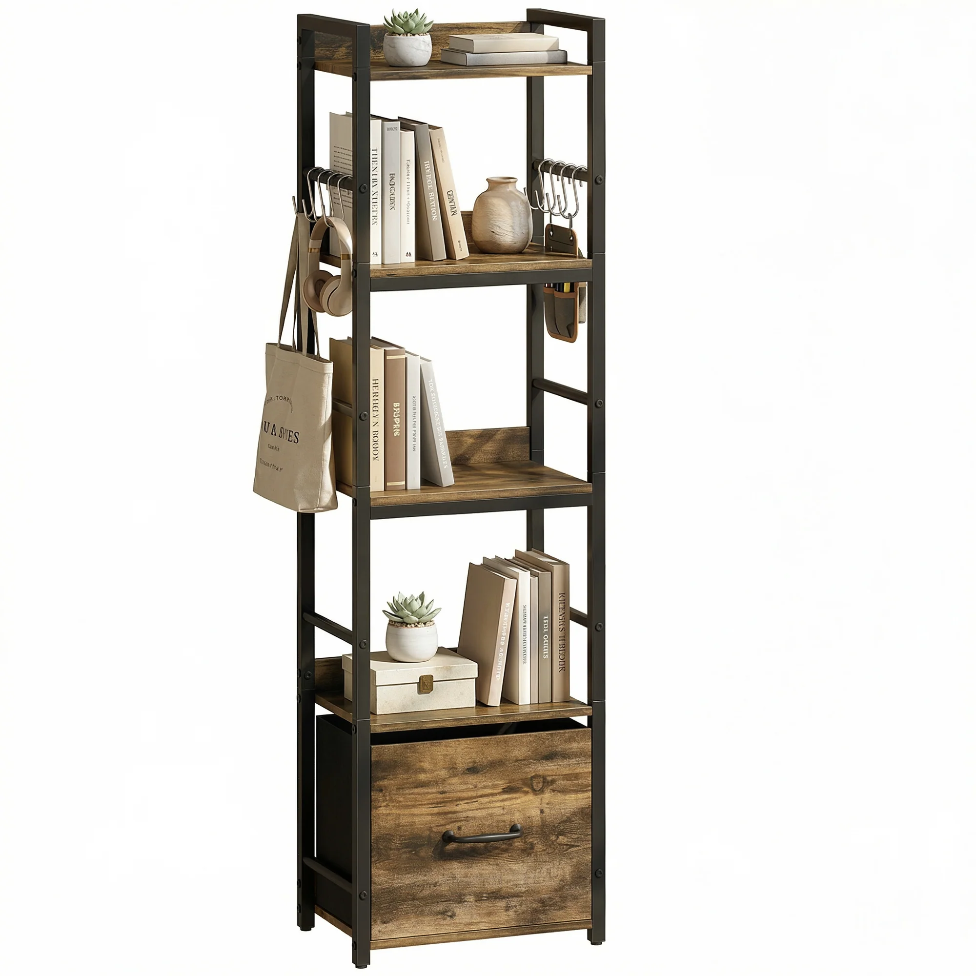 Bibliothèque à 4 niveaux, étagère de rangement étroite avec tiroir, 8 crochets, cadre en métal, meuble de rangement moderne pour salon, bureau, petit espace, 39 x 26 x 136,5 cm, brun rustique - Image 12