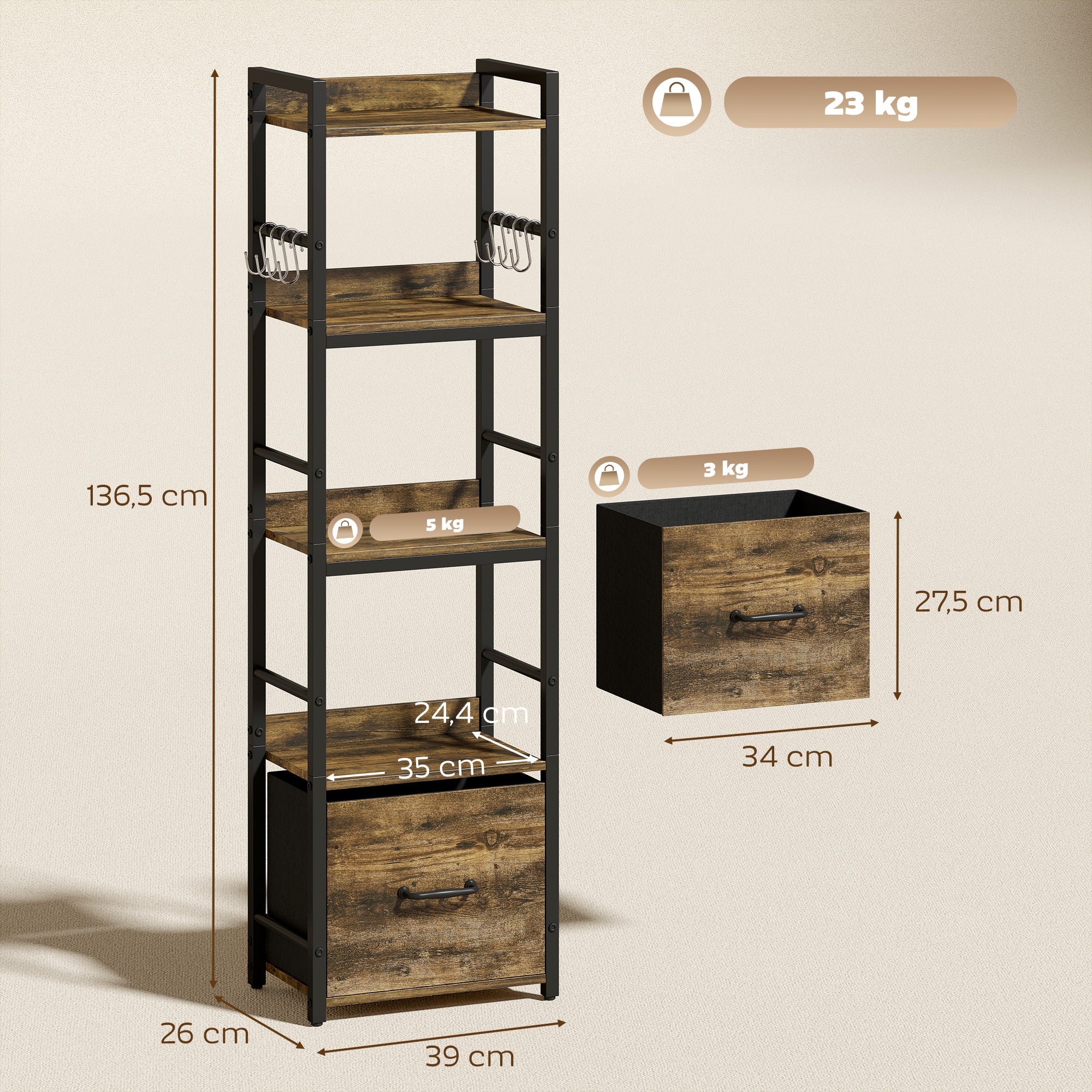 Bibliothèque à 4 niveaux, étagère de rangement étroite avec tiroir, 8 crochets, cadre en métal, meuble de rangement moderne pour salon, bureau, petit espace, 39 x 26 x 136,5 cm, brun rustique - Image 4