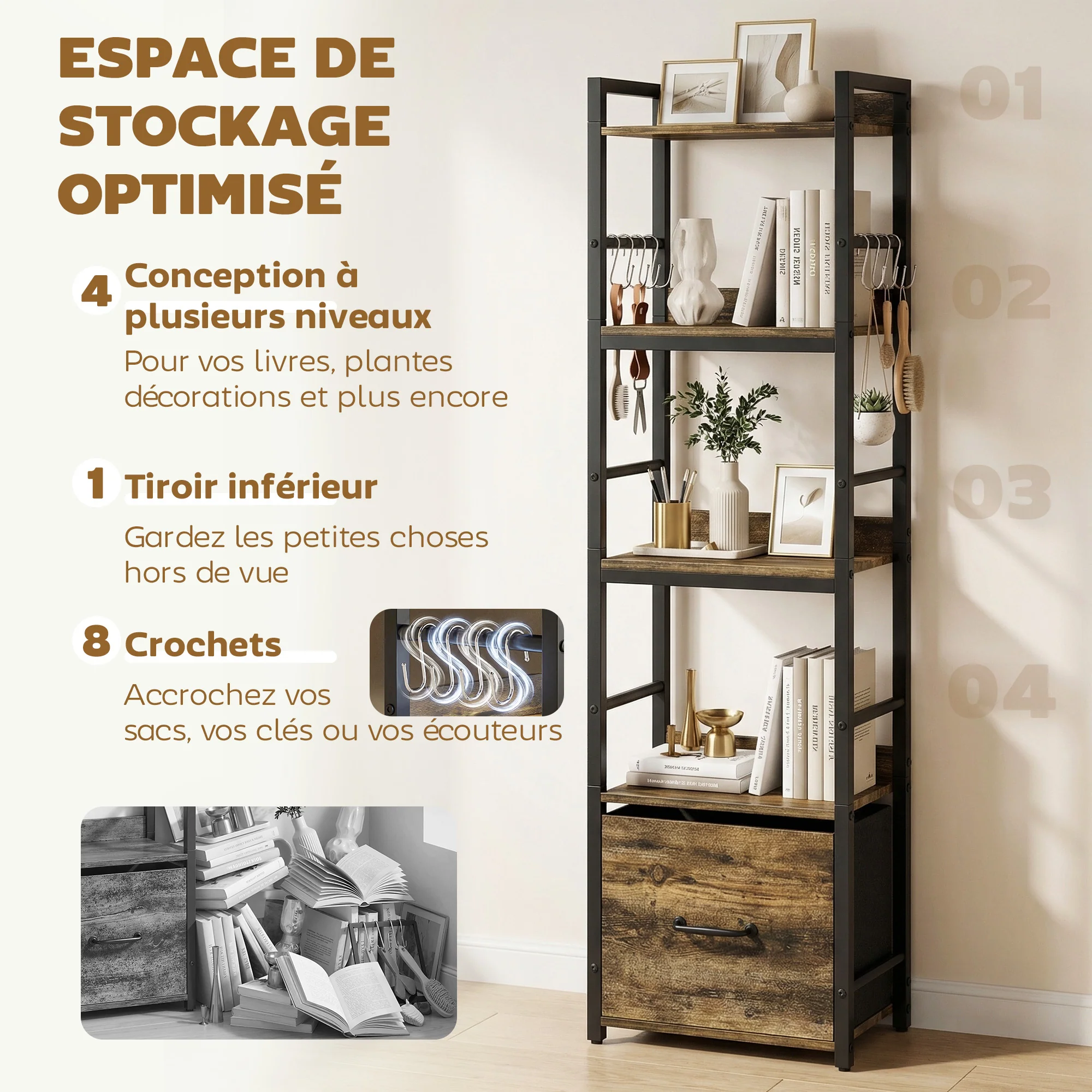 Bibliothèque à 4 niveaux, étagère de rangement étroite avec tiroir, 8 crochets, cadre en métal, meuble de rangement moderne pour salon, bureau, petit espace, 39 x 26 x 136,5 cm, brun rustique - Image 5