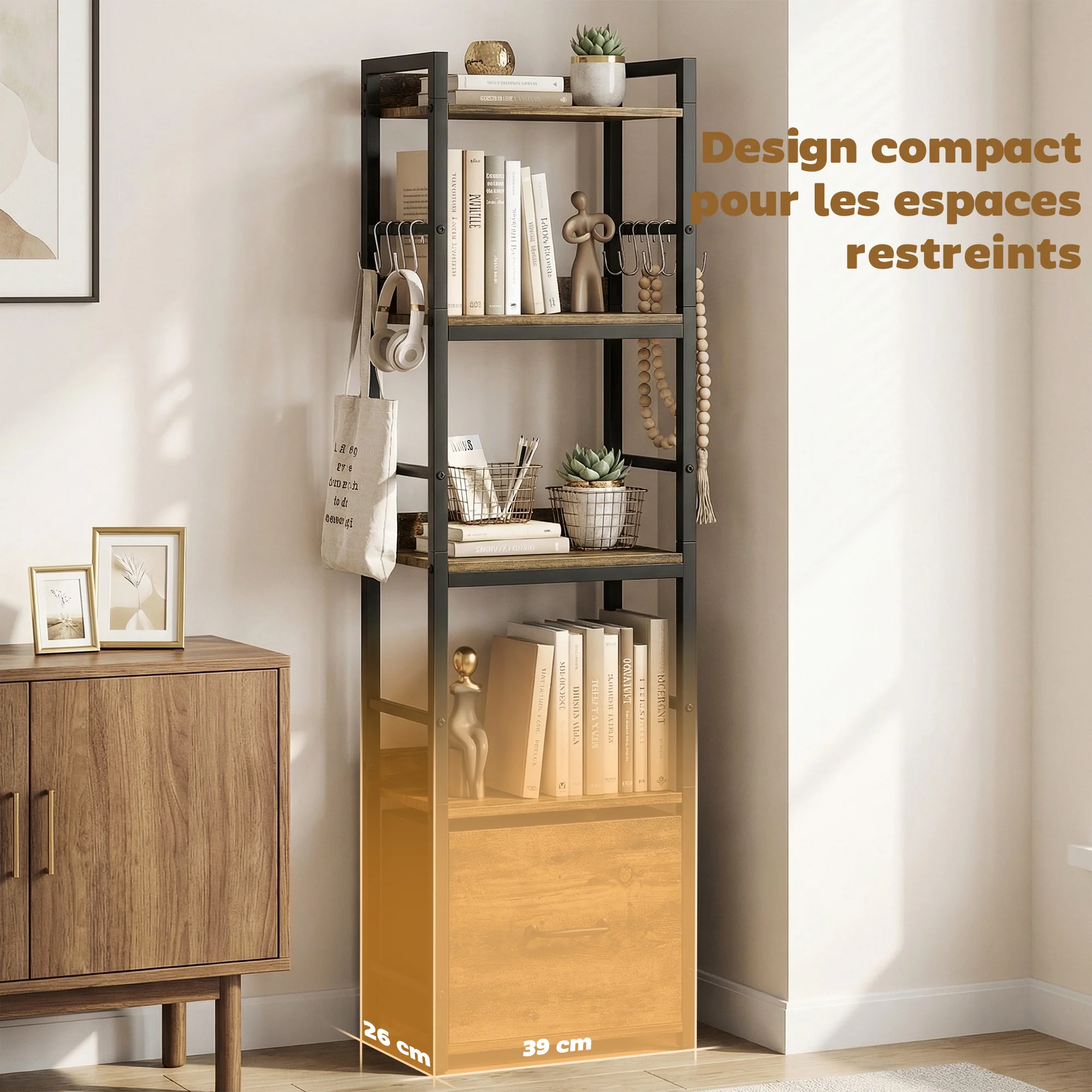 Bibliothèque à 4 niveaux, étagère de rangement étroite avec tiroir, 8 crochets, cadre en métal, meuble de rangement moderne pour salon, bureau, petit espace, 39 x 26 x 136,5 cm, brun rustique - Image 6