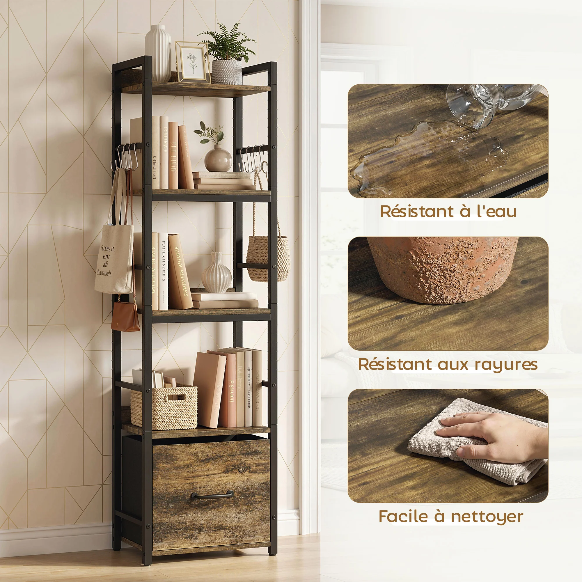 Bibliothèque à 4 niveaux, étagère de rangement étroite avec tiroir, 8 crochets, cadre en métal, meuble de rangement moderne pour salon, bureau, petit espace, 39 x 26 x 136,5 cm, brun rustique - Image 8