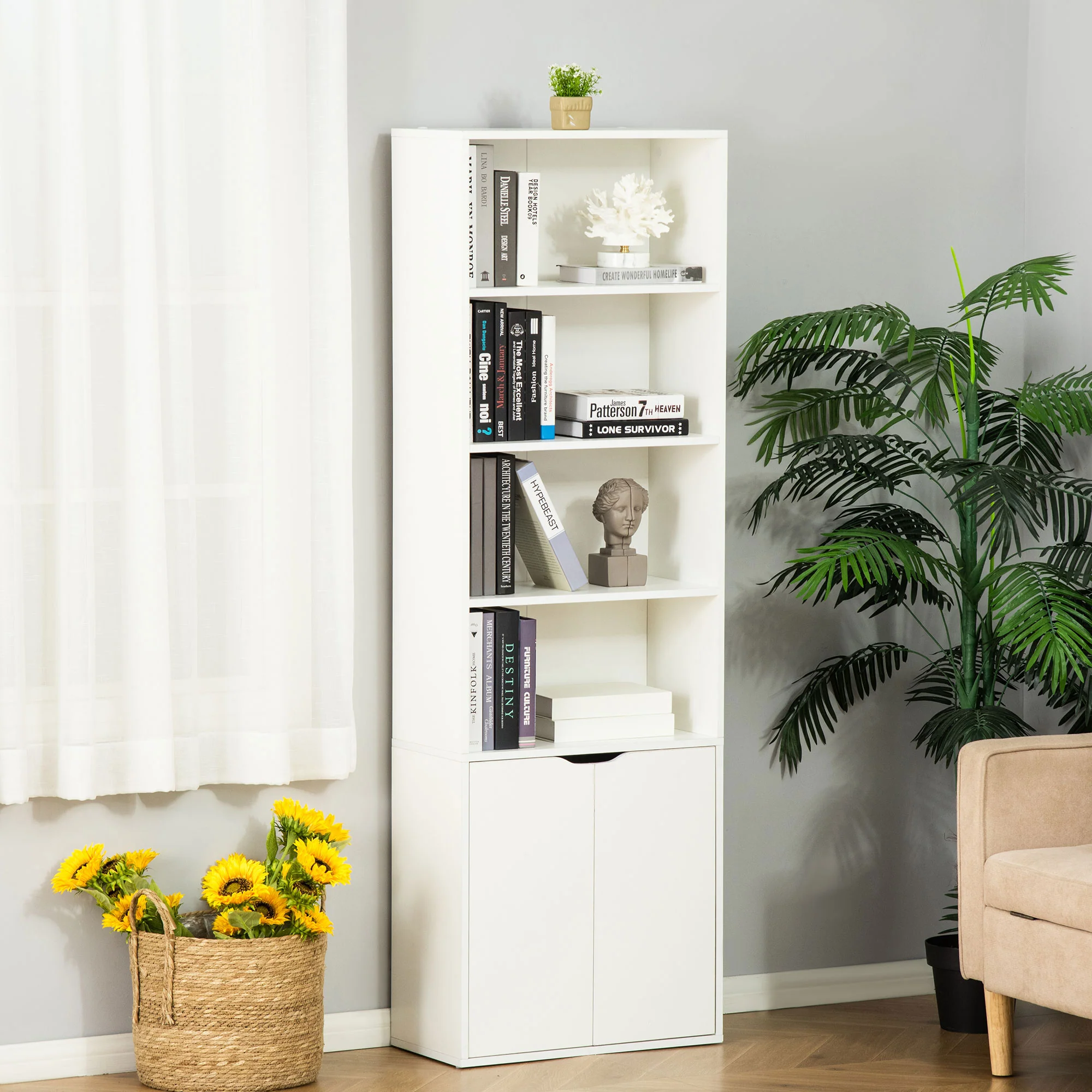 Bibliothèque à 6 niveaux, meuble de rangement, étagère à livres 59 x 29 x 180 cm avec 4 compartiments ouverts et 2 portes, étagère de rangement pour salon, chambre, bureau, blanc - Image 3