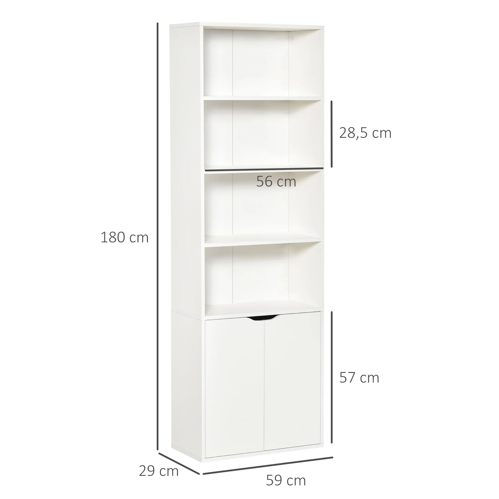 Bibliothèque à 6 niveaux, meuble de rangement, étagère à livres 59 x 29 x 180 cm avec 4 compartiments ouverts et 2 portes, étagère de rangement pour salon, chambre, bureau, blanc - Image 4