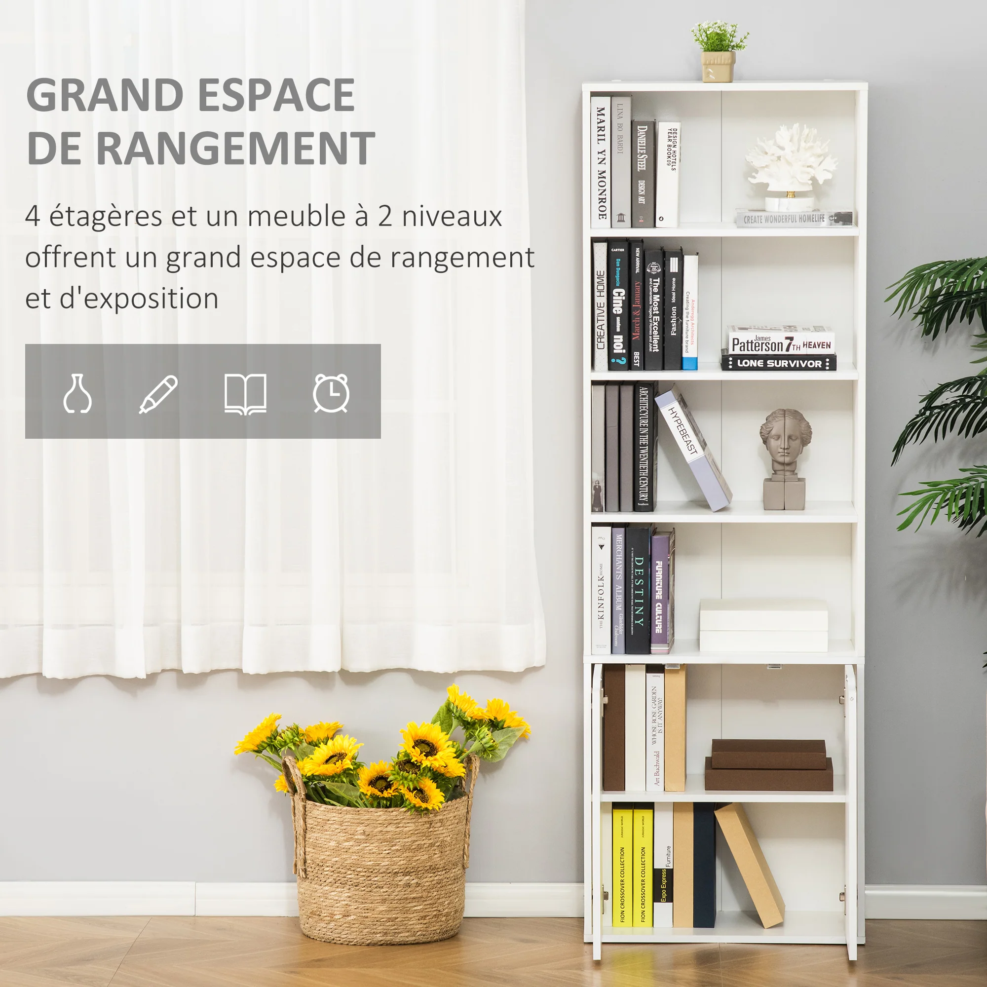 Bibliothèque à 6 niveaux, meuble de rangement, étagère à livres 59 x 29 x 180 cm avec 4 compartiments ouverts et 2 portes, étagère de rangement pour salon, chambre, bureau, blanc - Image 5