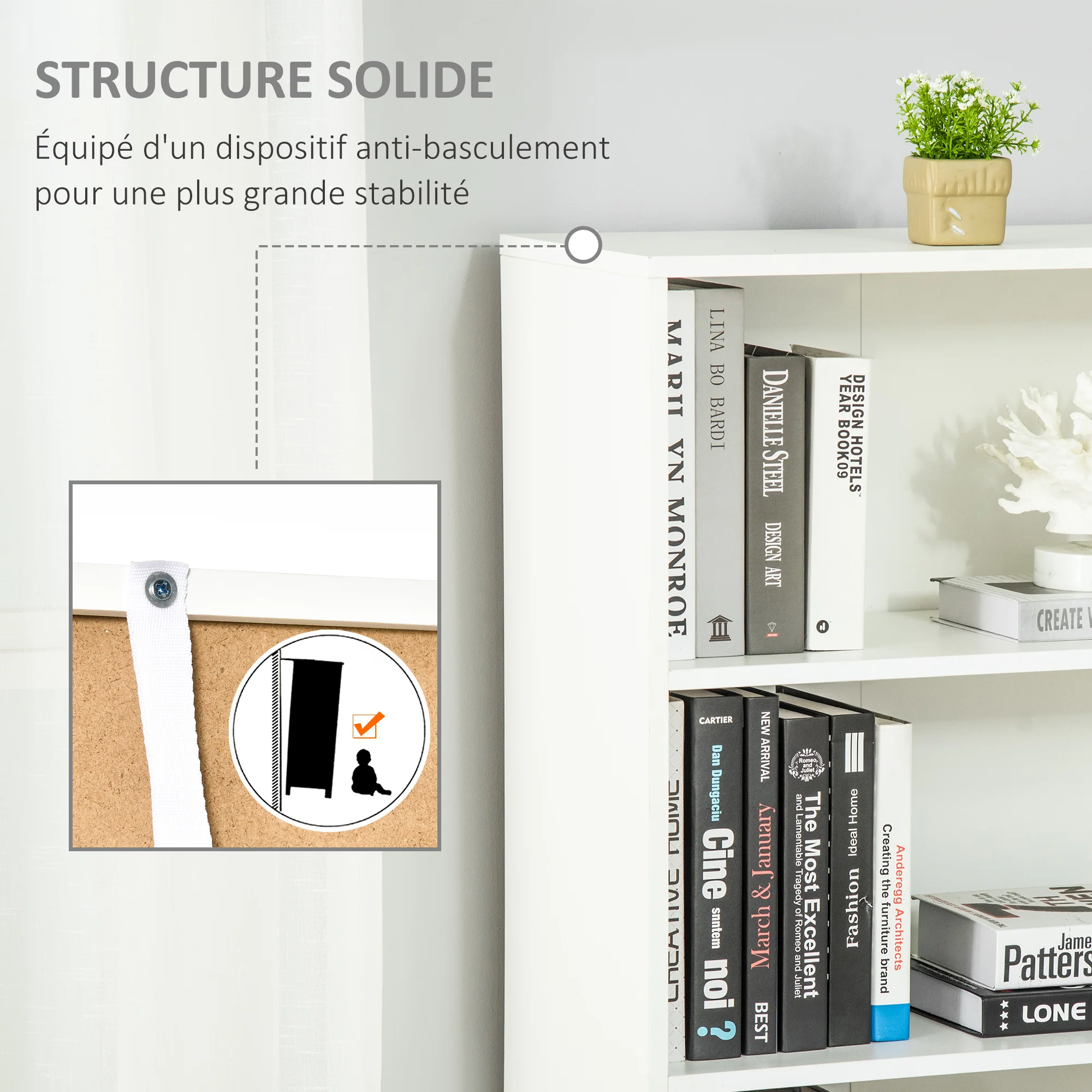 Bibliothèque à 6 niveaux, meuble de rangement, étagère à livres 59 x 29 x 180 cm avec 4 compartiments ouverts et 2 portes, étagère de rangement pour salon, chambre, bureau, blanc - Image 6