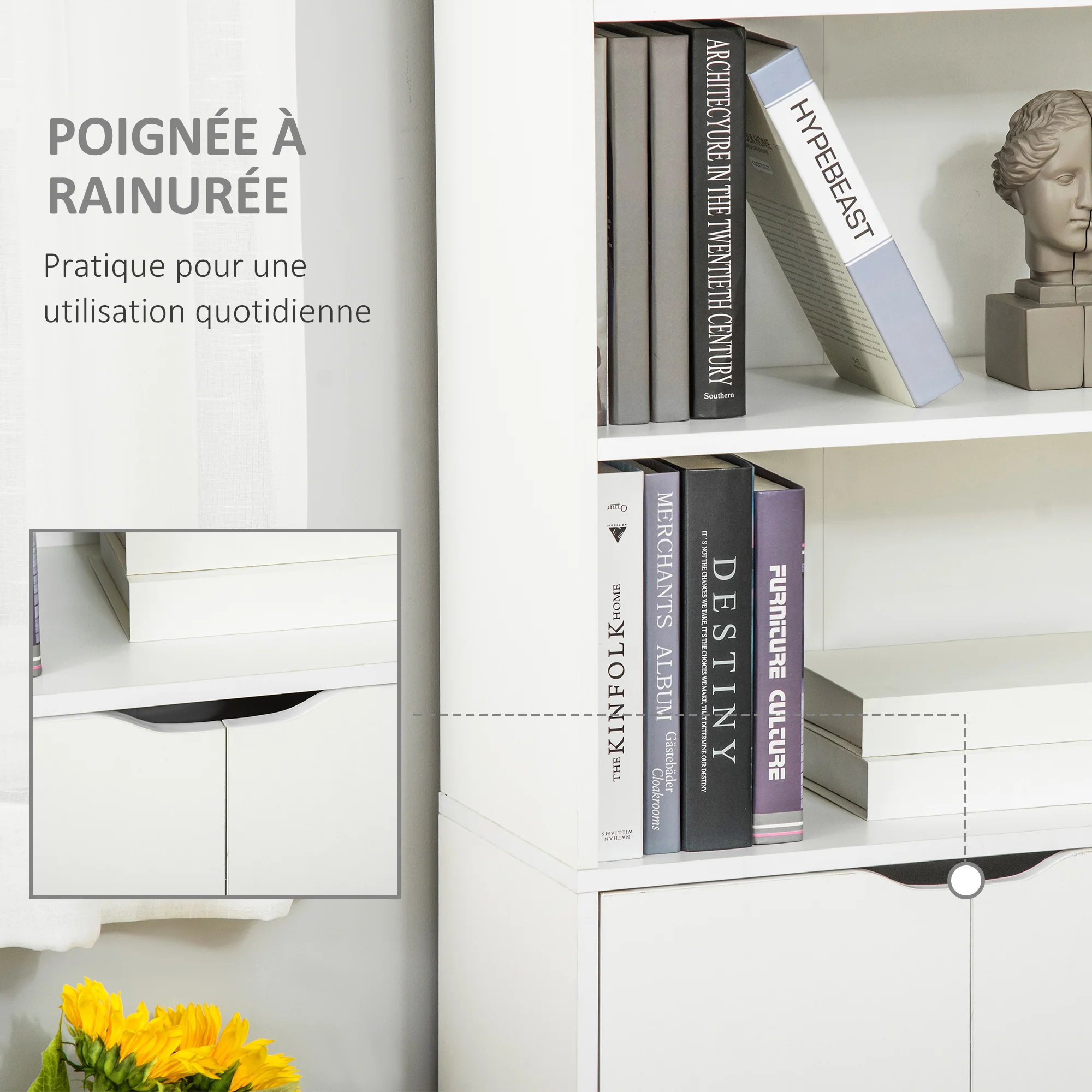 Bibliothèque à 6 niveaux, meuble de rangement, étagère à livres 59 x 29 x 180 cm avec 4 compartiments ouverts et 2 portes, étagère de rangement pour salon, chambre, bureau, blanc - Image 7