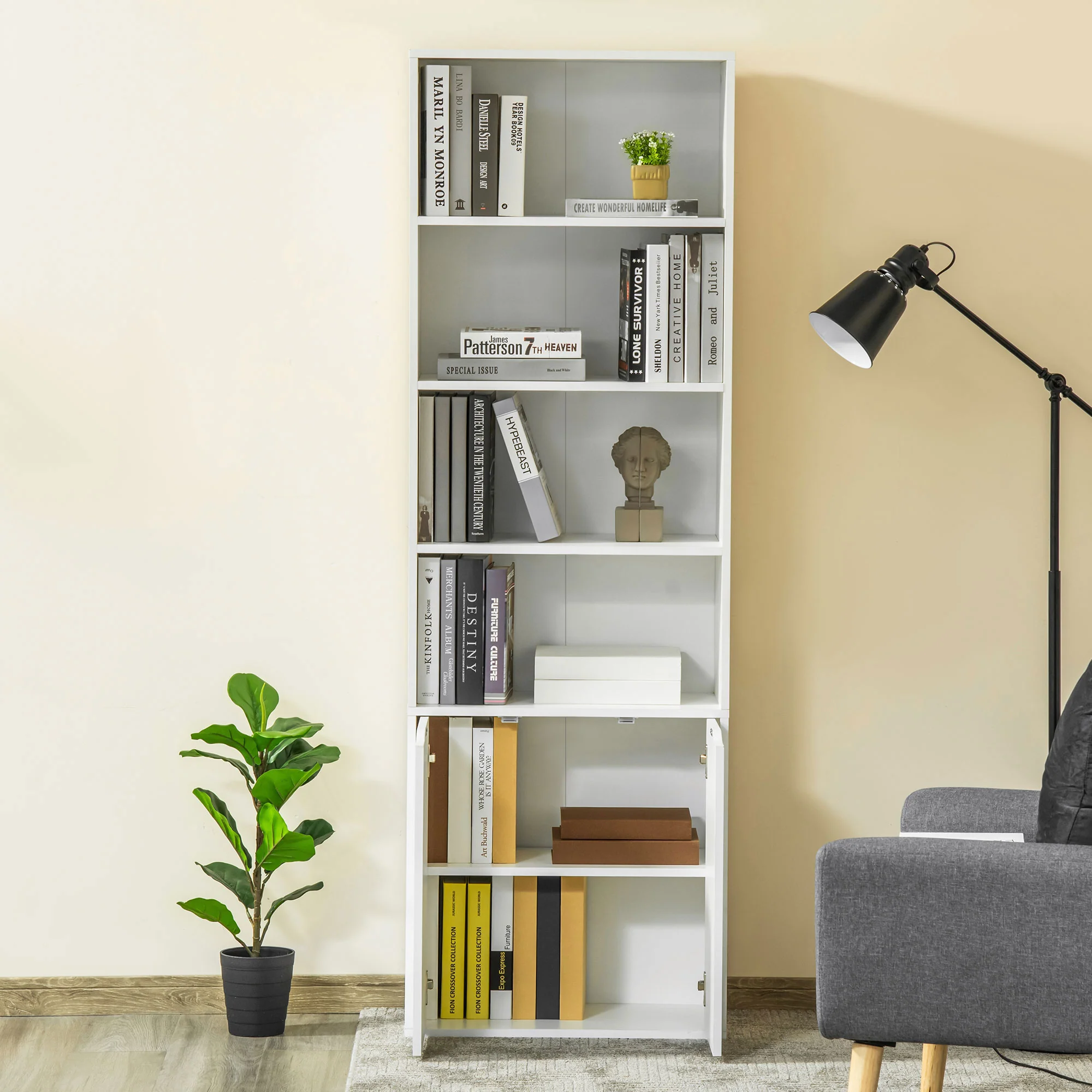 Bibliothèque à 6 niveaux, meuble de rangement, étagère à livres 59 x 29 x 180 cm avec 4 compartiments ouverts et 2 portes, étagère de rangement pour salon, chambre, bureau, blanc - Image 8