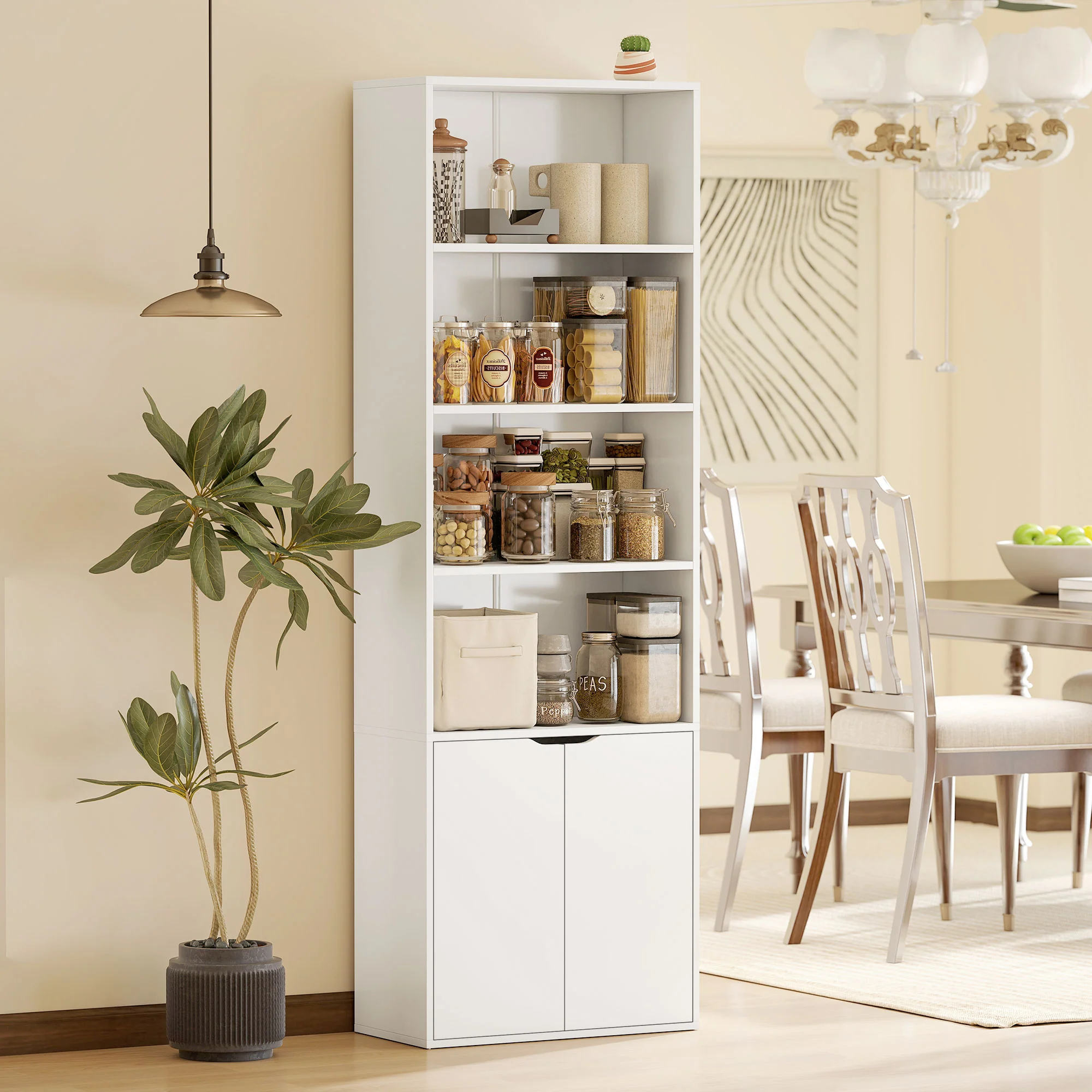 Bibliothèque à 6 niveaux, meuble de rangement, étagère à livres 59 x 29 x 180 cm avec 4 compartiments ouverts et 2 portes, étagère de rangement pour salon, chambre, bureau, blanc - Image 9