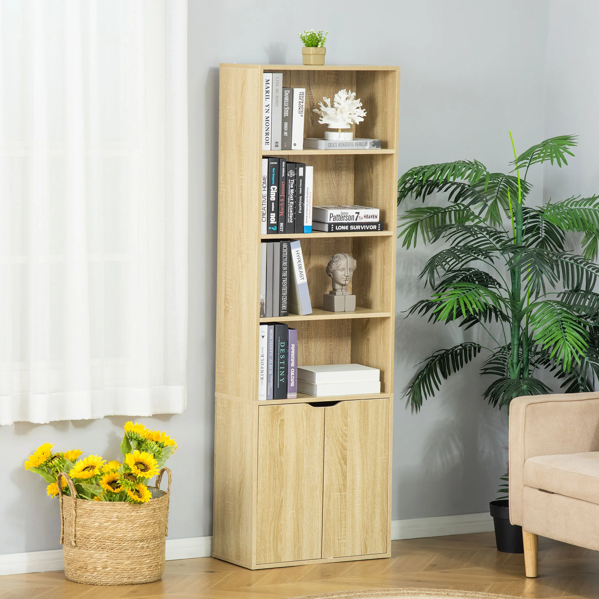 Bibliothèque à 6 niveaux, meuble de rangement, étagère à livres 59 x 29 x 180 cm avec 4 compartiments ouverts et 2 portes, étagère de rangement pour salon, chambre, bureau, bois naturel - Image 3