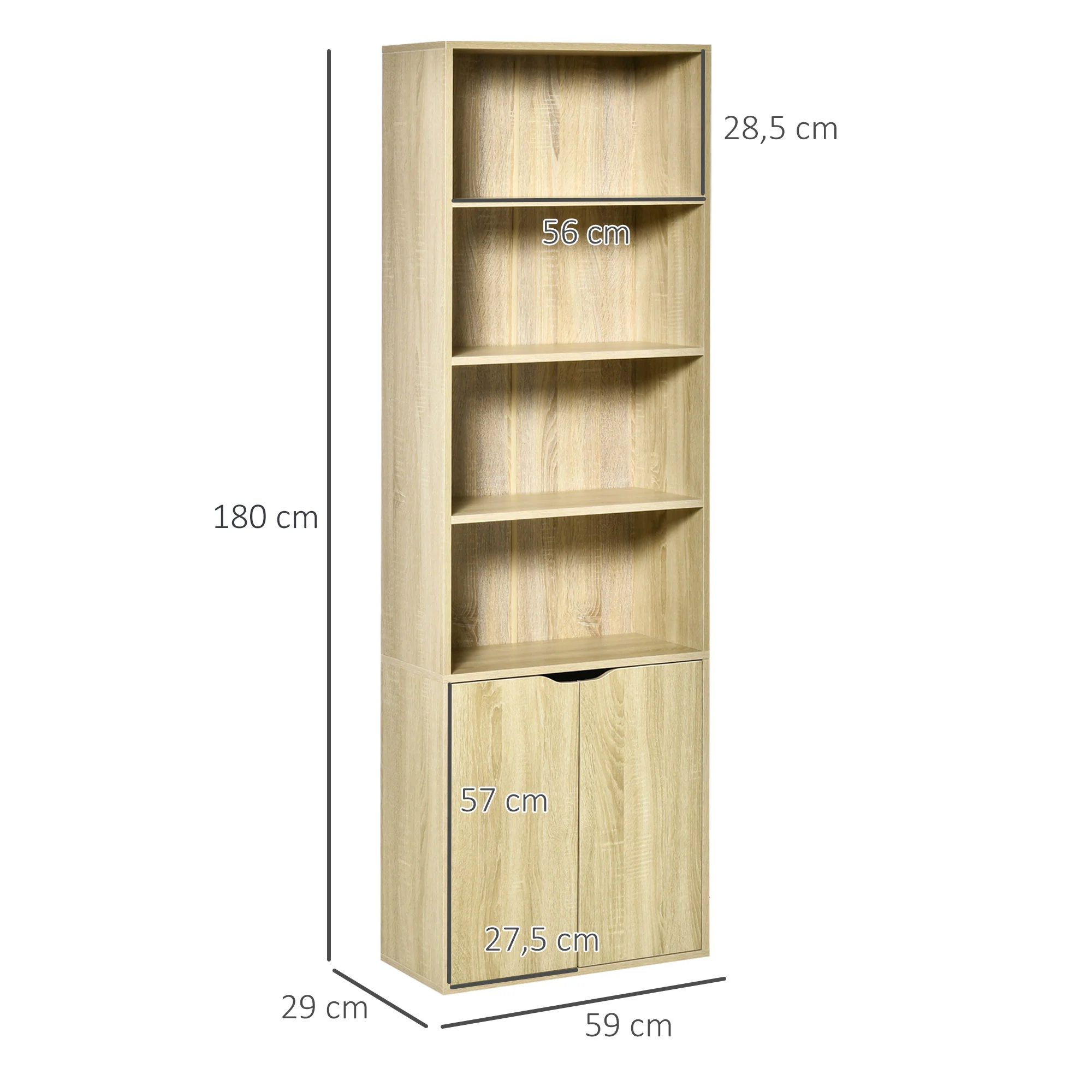 Bibliothèque à 6 niveaux, meuble de rangement, étagère à livres 59 x 29 x 180 cm avec 4 compartiments ouverts et 2 portes, étagère de rangement pour salon, chambre, bureau, bois naturel - Image 4
