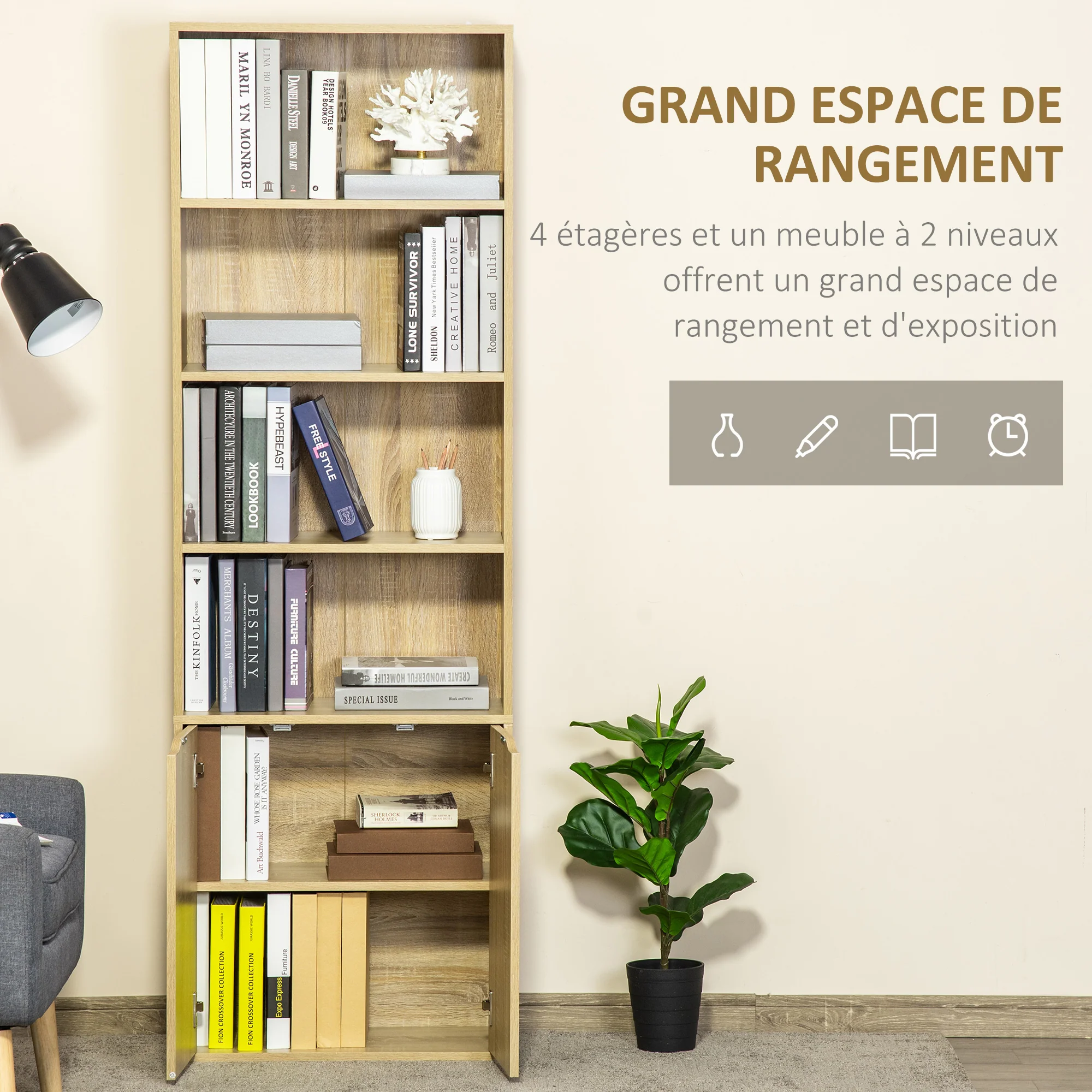 Bibliothèque à 6 niveaux, meuble de rangement, étagère à livres 59 x 29 x 180 cm avec 4 compartiments ouverts et 2 portes, étagère de rangement pour salon, chambre, bureau, bois naturel - Image 5