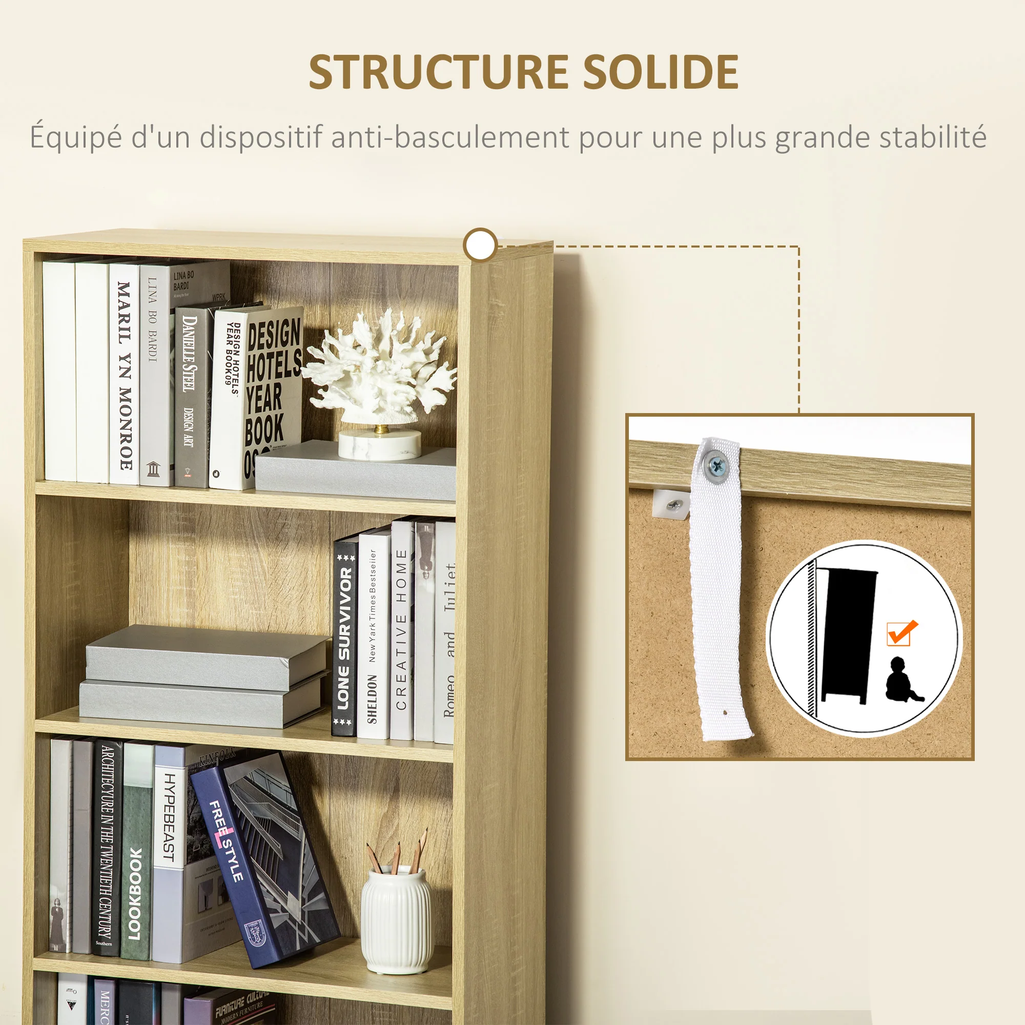 Bibliothèque à 6 niveaux, meuble de rangement, étagère à livres 59 x 29 x 180 cm avec 4 compartiments ouverts et 2 portes, étagère de rangement pour salon, chambre, bureau, bois naturel - Image 6