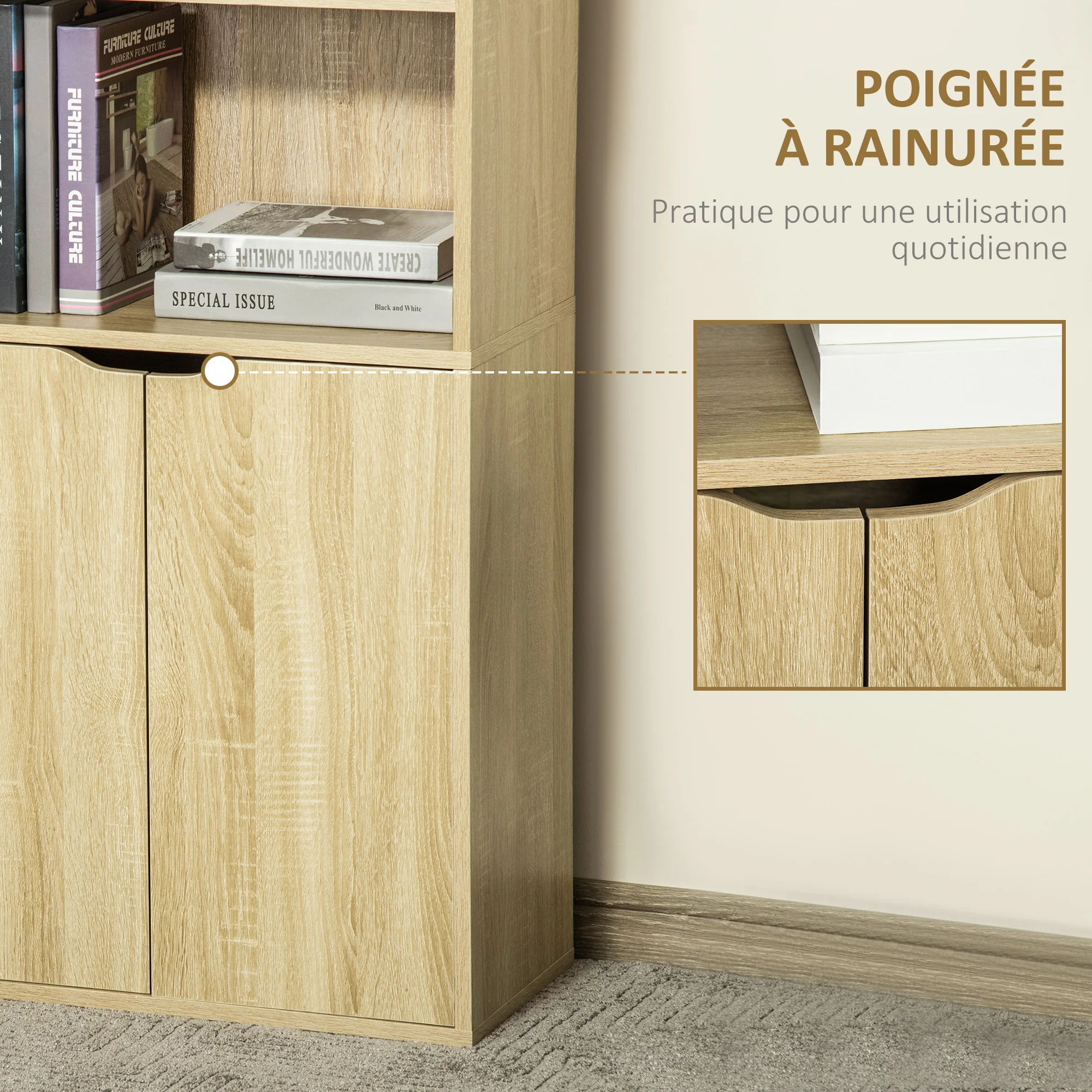 Bibliothèque à 6 niveaux, meuble de rangement, étagère à livres 59 x 29 x 180 cm avec 4 compartiments ouverts et 2 portes, étagère de rangement pour salon, chambre, bureau, bois naturel - Image 7
