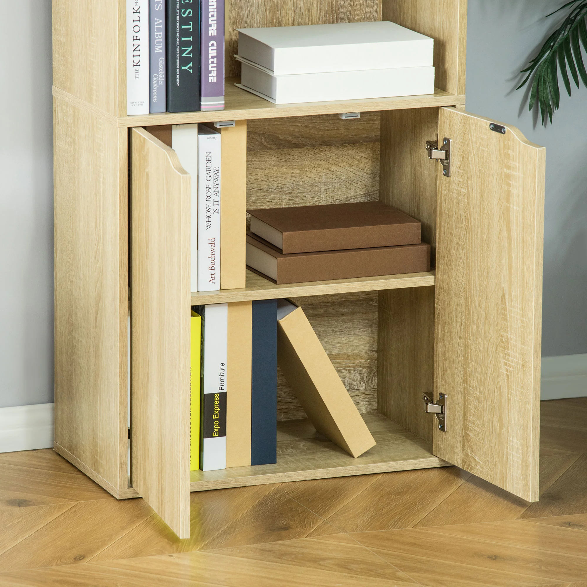 Bibliothèque à 6 niveaux, meuble de rangement, étagère à livres 59 x 29 x 180 cm avec 4 compartiments ouverts et 2 portes, étagère de rangement pour salon, chambre, bureau, bois naturel - Image 8