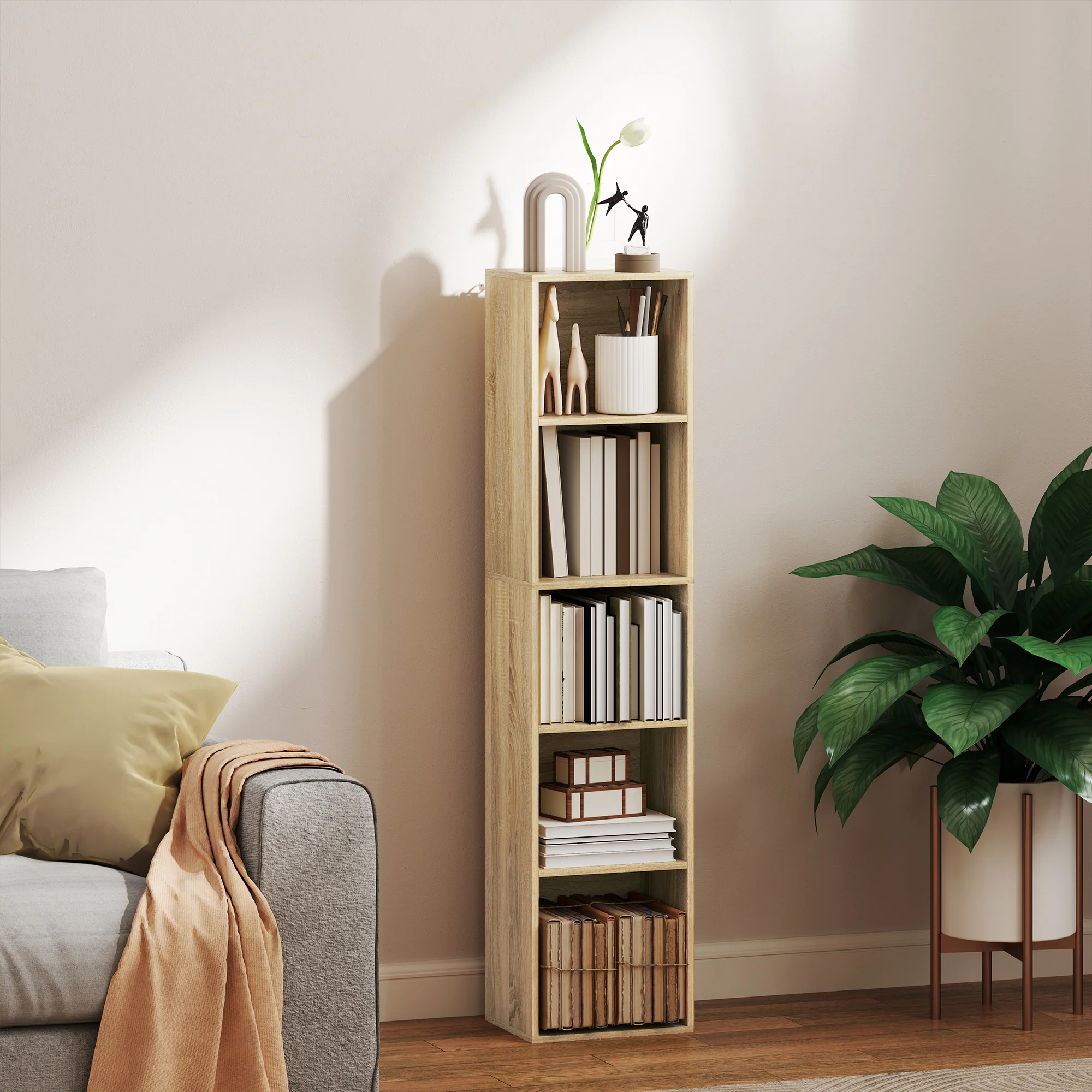 Bibliothèque, étagère de rangement 5 niveaux, meuble de rangement avec étagères réglables pour salon, chambre à coucher, bureau, 30 x 24 x 133,5 cm, bois naturel - Image 3