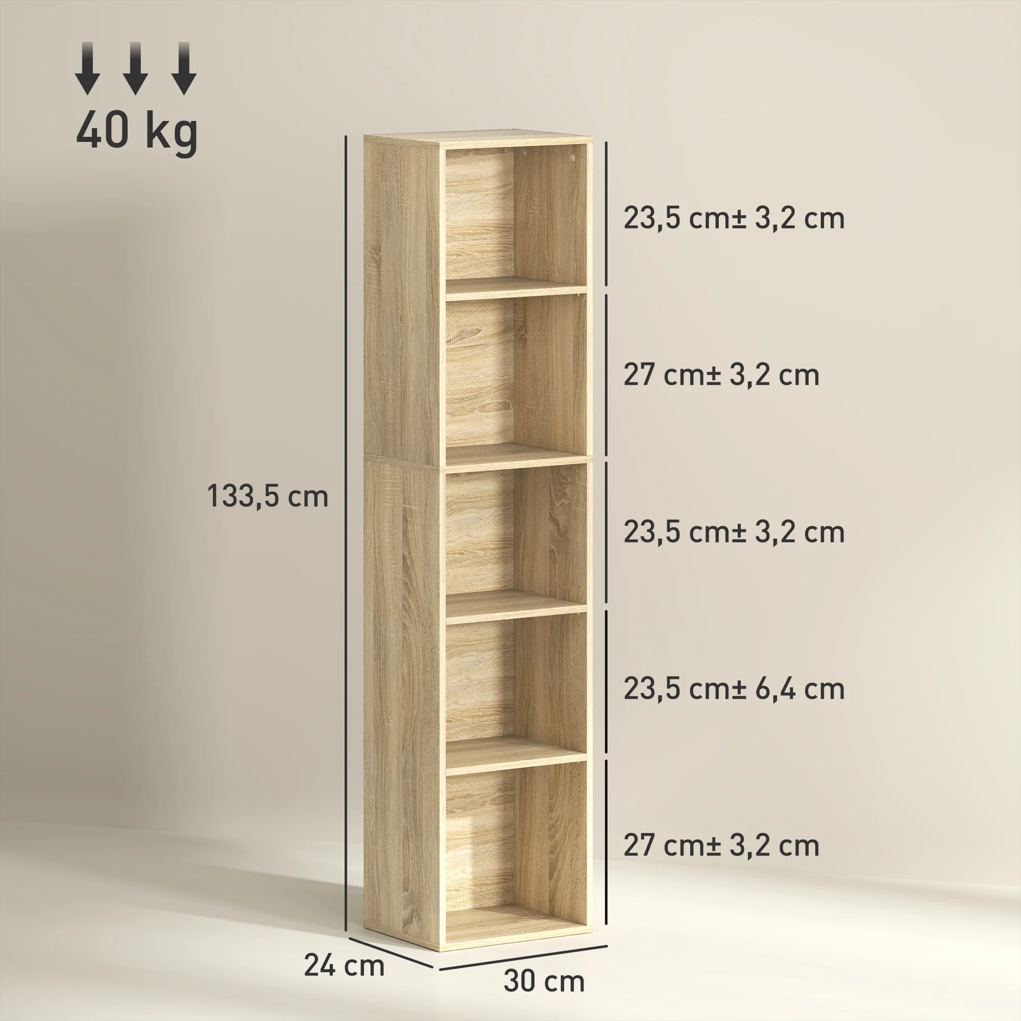 Bibliothèque, étagère de rangement 5 niveaux, meuble de rangement avec étagères réglables pour salon, chambre à coucher, bureau, 30 x 24 x 133,5 cm, bois naturel - Image 4