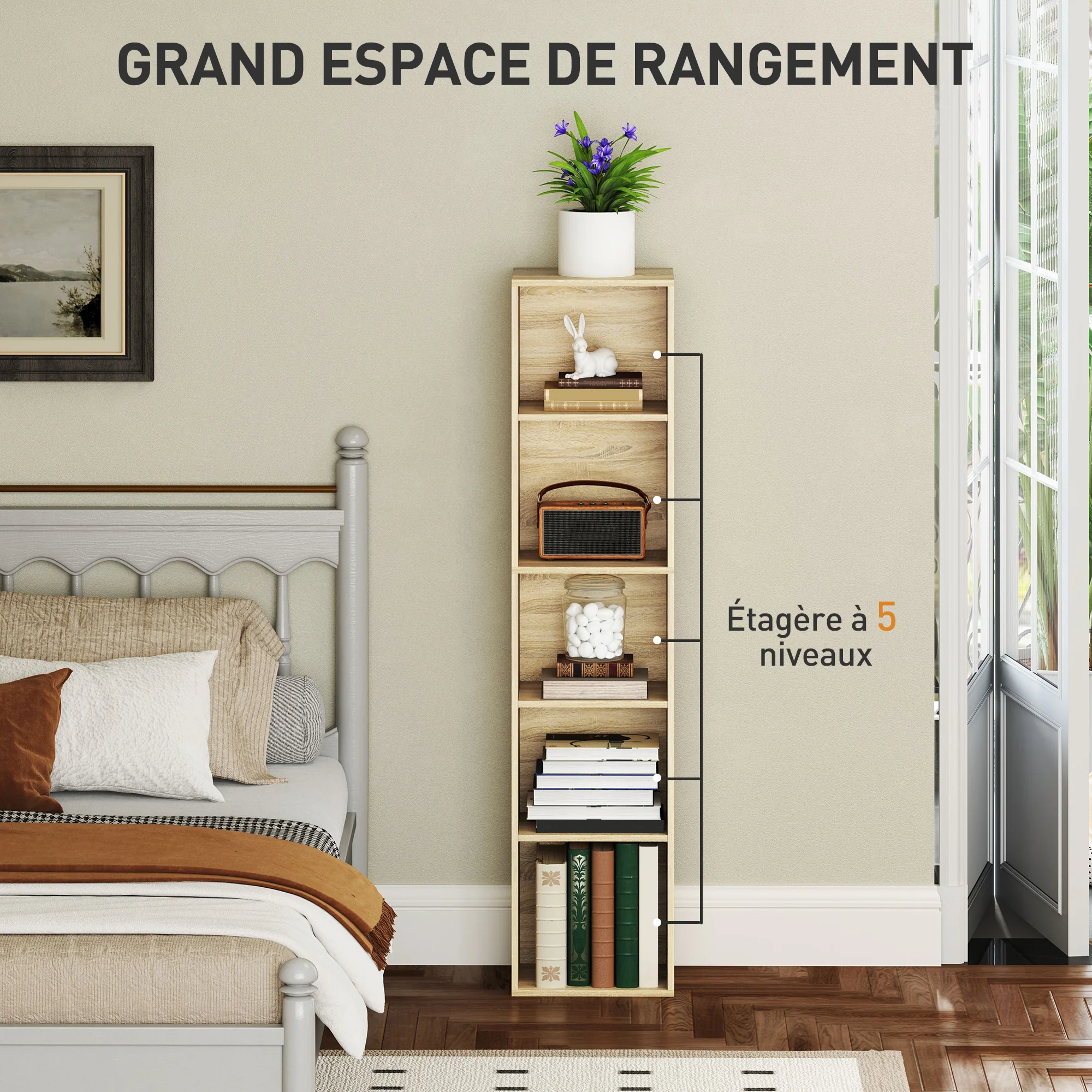 Bibliothèque, étagère de rangement 5 niveaux, meuble de rangement avec étagères réglables pour salon, chambre à coucher, bureau, 30 x 24 x 133,5 cm, bois naturel - Image 5