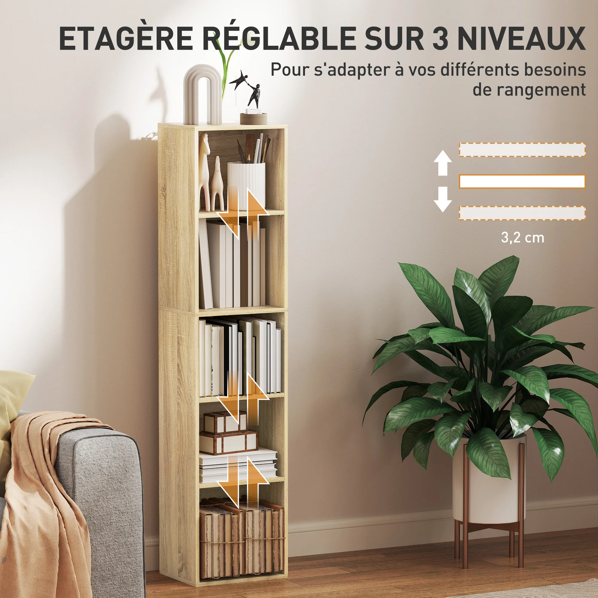 Bibliothèque, étagère de rangement 5 niveaux, meuble de rangement avec étagères réglables pour salon, chambre à coucher, bureau, 30 x 24 x 133,5 cm, bois naturel - Image 6