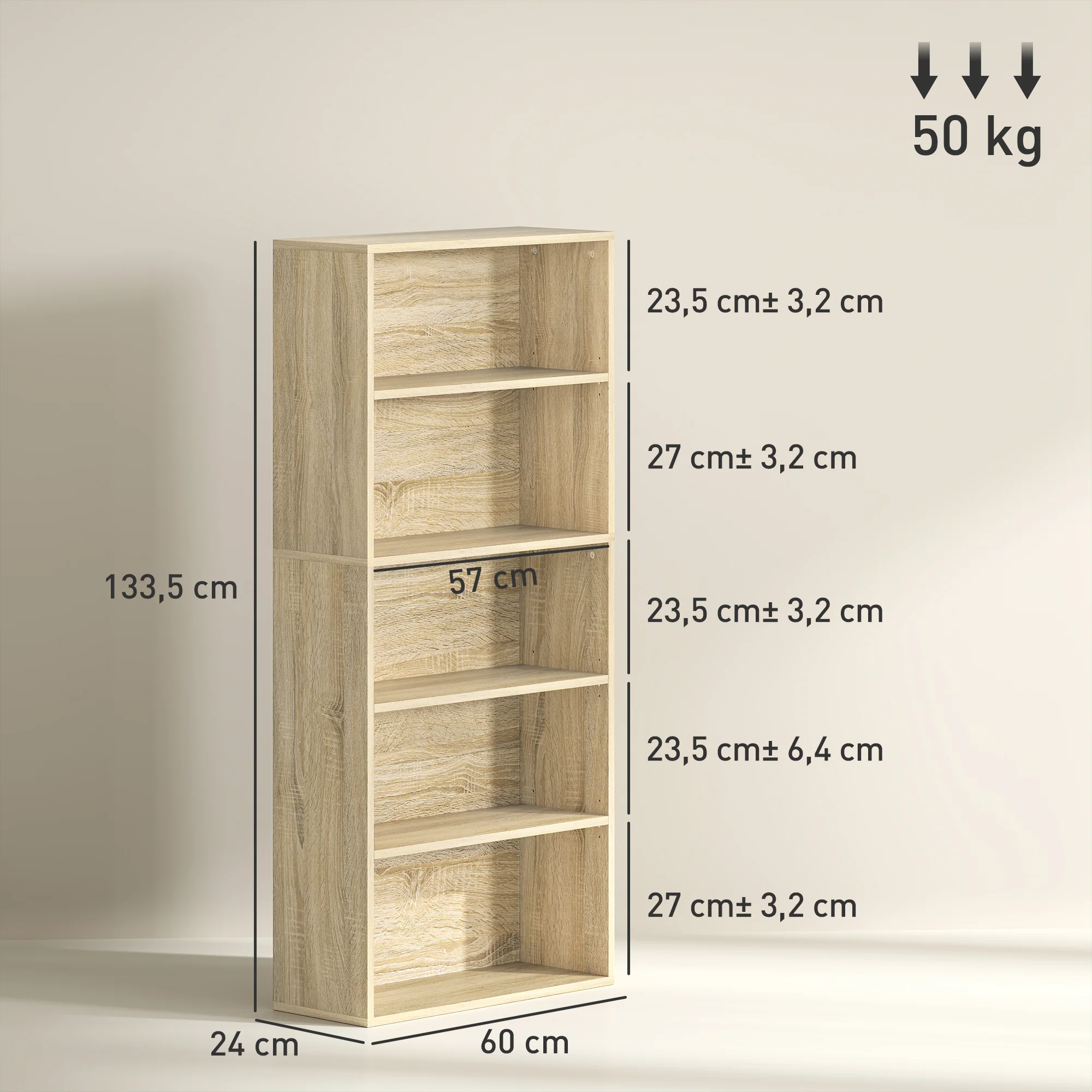 Bibliothèque, étagère de rangement 5 niveaux, meuble de rangement avec étagères réglables pour salon, chambre à coucher, bureau, 60 x 24 x 133,5 cm, bois naturel - Image 4