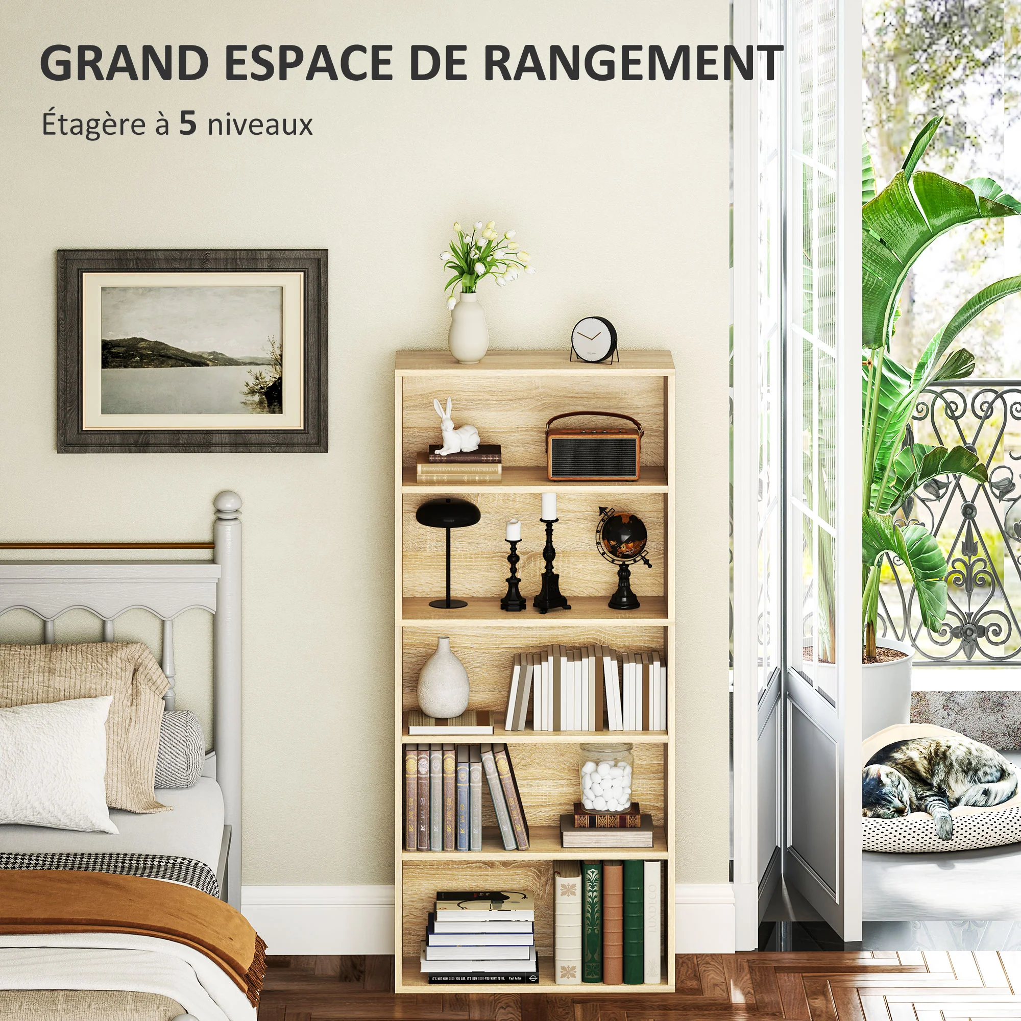 Bibliothèque, étagère de rangement 5 niveaux, meuble de rangement avec étagères réglables pour salon, chambre à coucher, bureau, 60 x 24 x 133,5 cm, bois naturel - Image 5