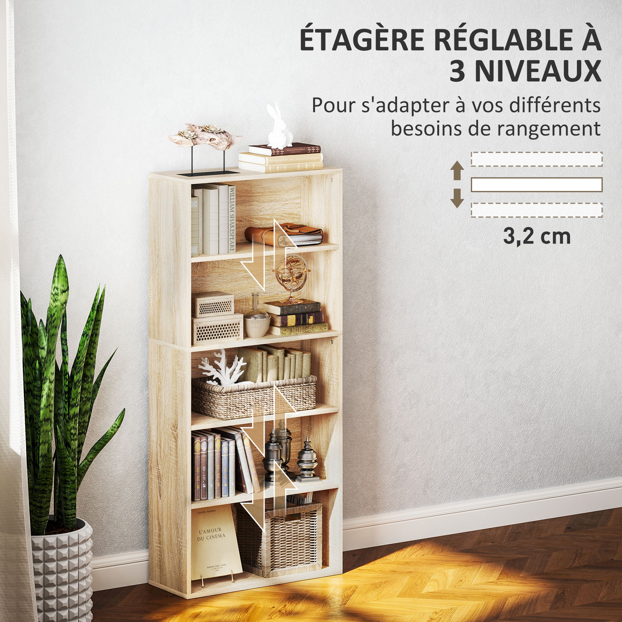 Bibliothèque, étagère de rangement 5 niveaux, meuble de rangement avec étagères réglables pour salon, chambre à coucher, bureau, 60 x 24 x 133,5 cm, bois naturel - Image 6