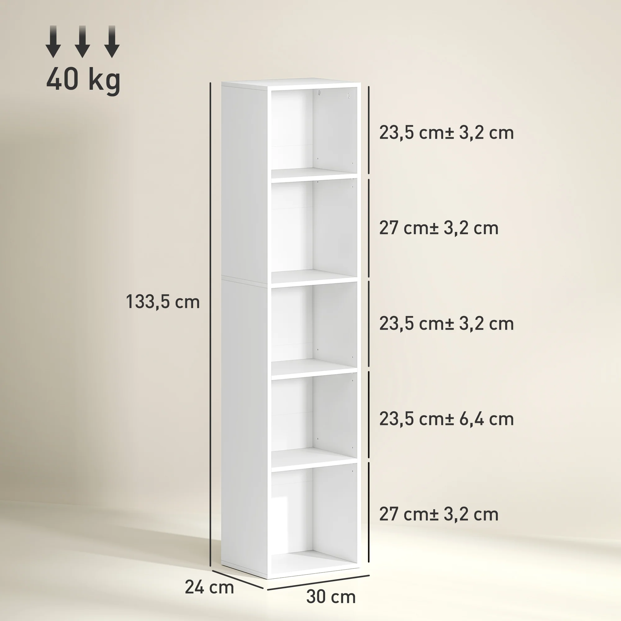 Bibliothèque, étagère de rangement 5 niveaux, meuble de rangement avec étagères réglables pour salon, chambre à coucher, bureau, 30 x 24 x 133,5 cm, blanc - Image 4