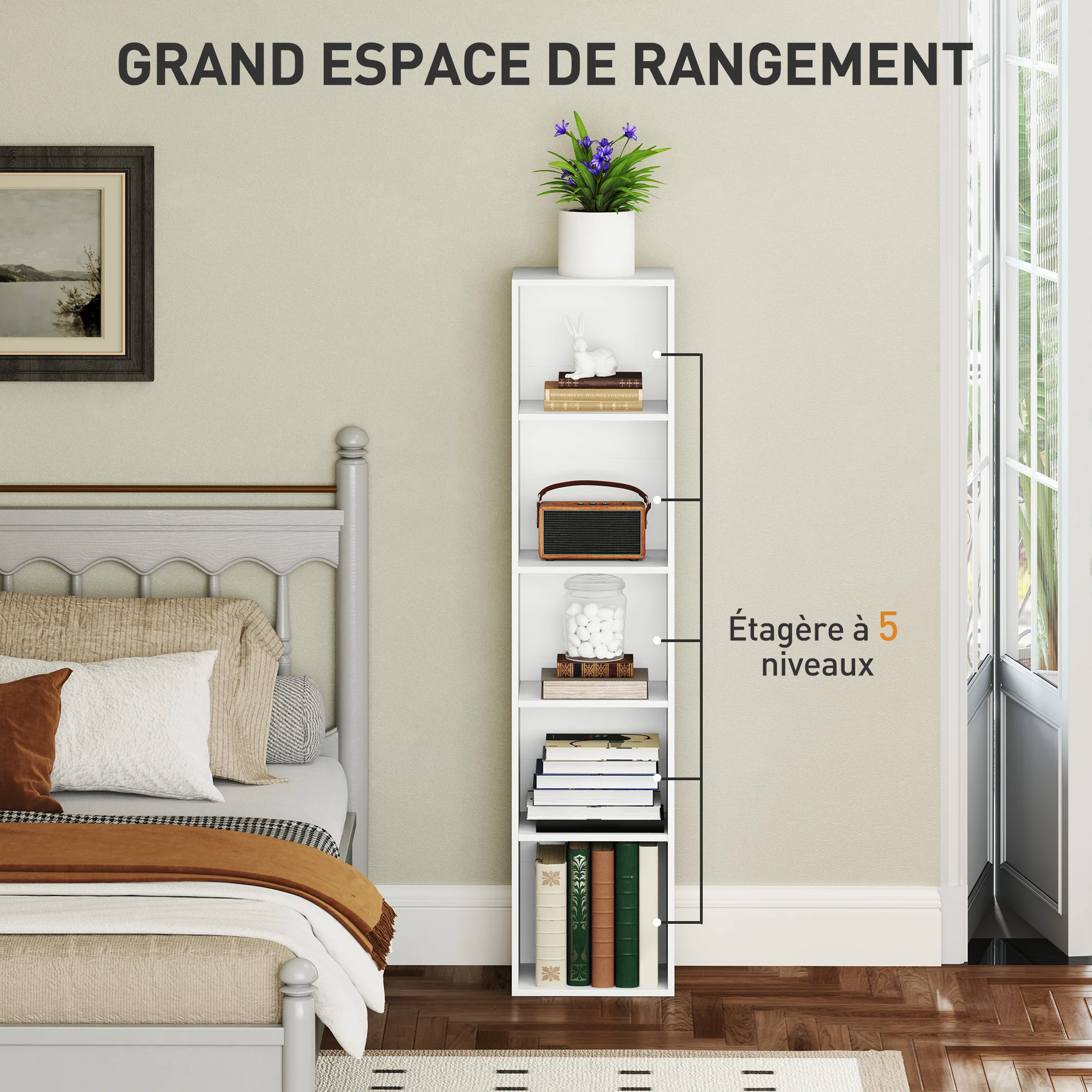 Bibliothèque, étagère de rangement 5 niveaux, meuble de rangement avec étagères réglables pour salon, chambre à coucher, bureau, 30 x 24 x 133,5 cm, blanc - Image 5