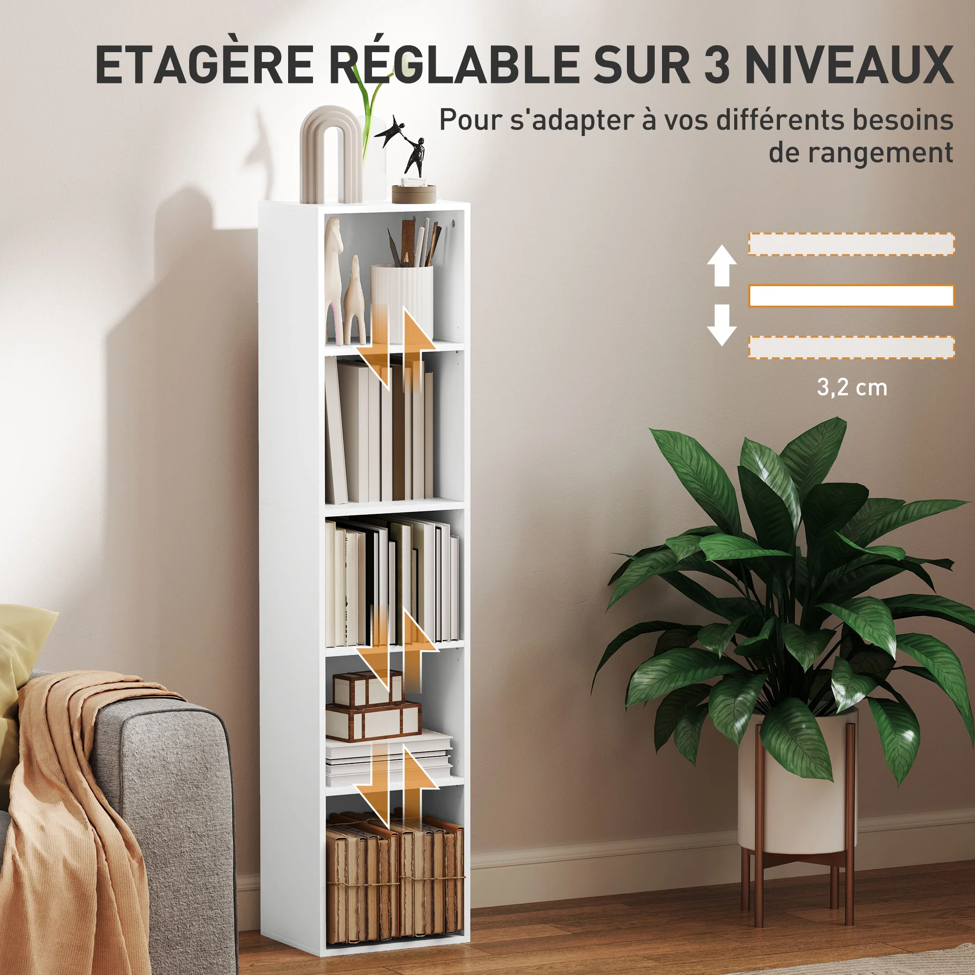 Bibliothèque, étagère de rangement 5 niveaux, meuble de rangement avec étagères réglables pour salon, chambre à coucher, bureau, 30 x 24 x 133,5 cm, blanc - Image 6