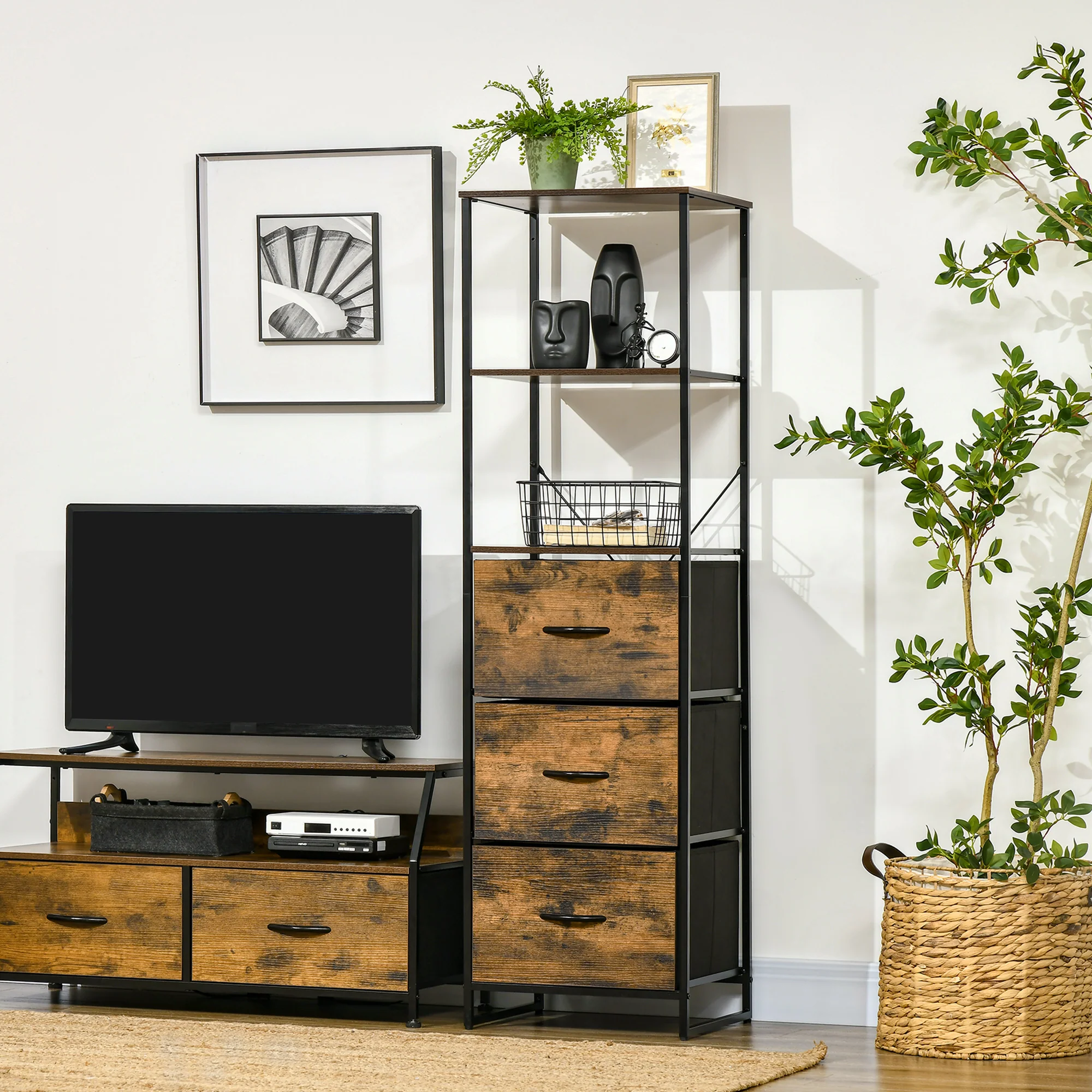 Bibliothèque Étagère Verticale de rangement avec 3 tiroirs en tissu amovibles - style industriel - dim. 44L x 40l x 155H cm, Chambre, Salon, Bureau, marron - Image 3