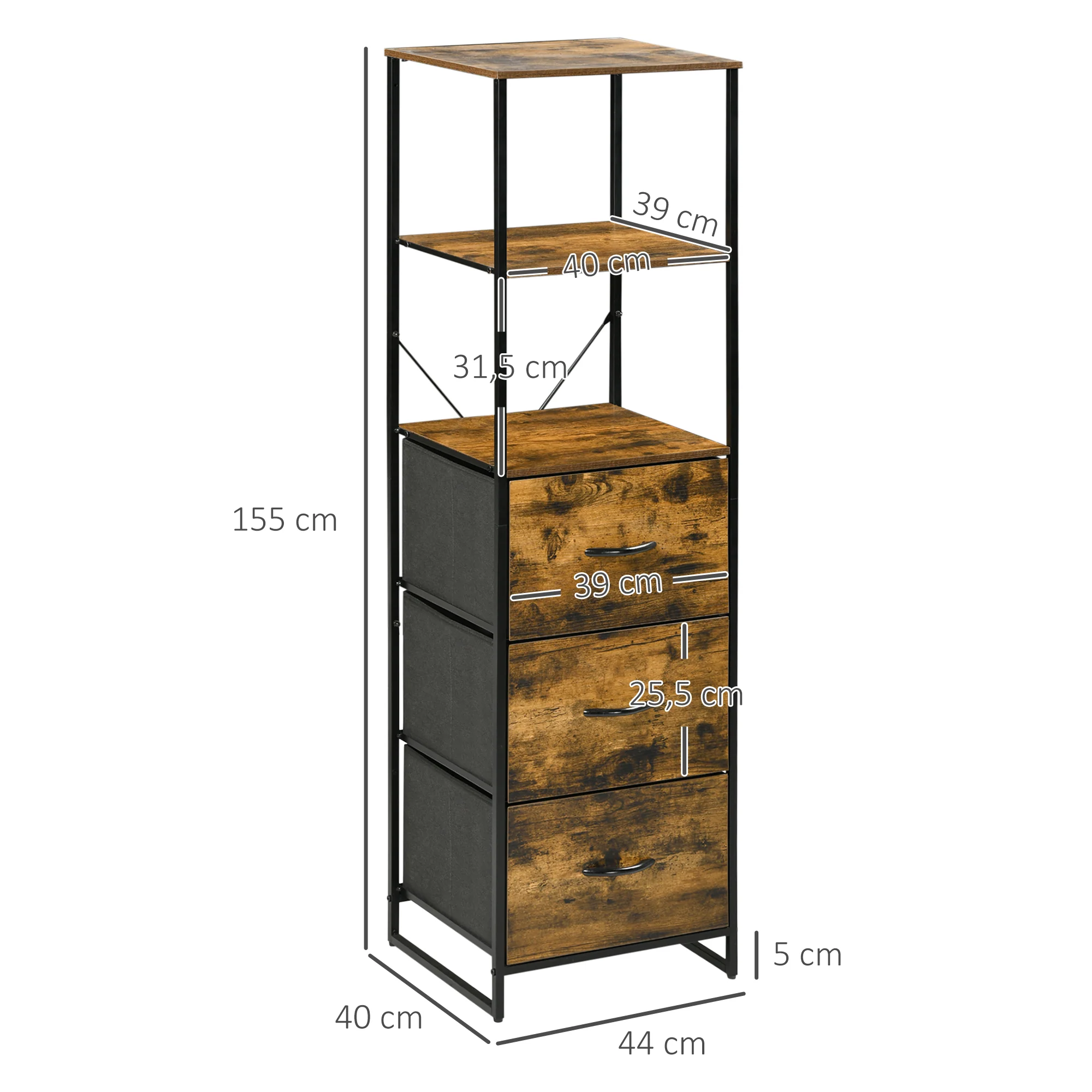 Bibliothèque Étagère Verticale de rangement avec 3 tiroirs en tissu amovibles - style industriel - dim. 44L x 40l x 155H cm, Chambre, Salon, Bureau, marron - Image 4