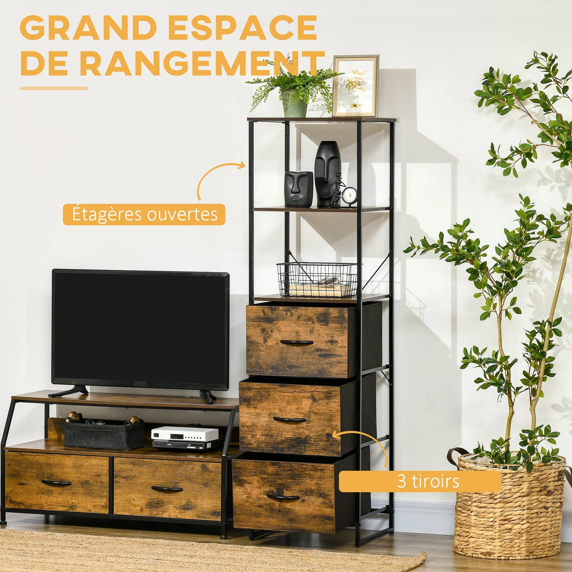 Bibliothèque Étagère Verticale de rangement avec 3 tiroirs en tissu amovibles - style industriel - dim. 44L x 40l x 155H cm, Chambre, Salon, Bureau, marron - Image 5