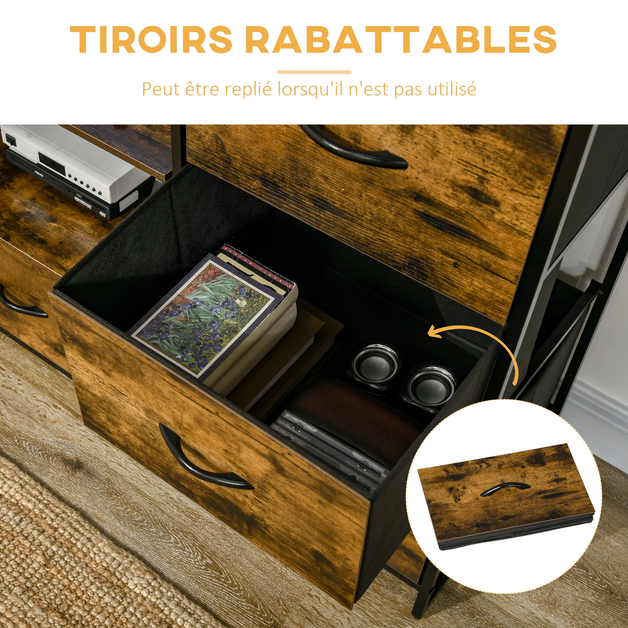 Bibliothèque Étagère Verticale de rangement avec 3 tiroirs en tissu amovibles - style industriel - dim. 44L x 40l x 155H cm, Chambre, Salon, Bureau, marron - Image 6