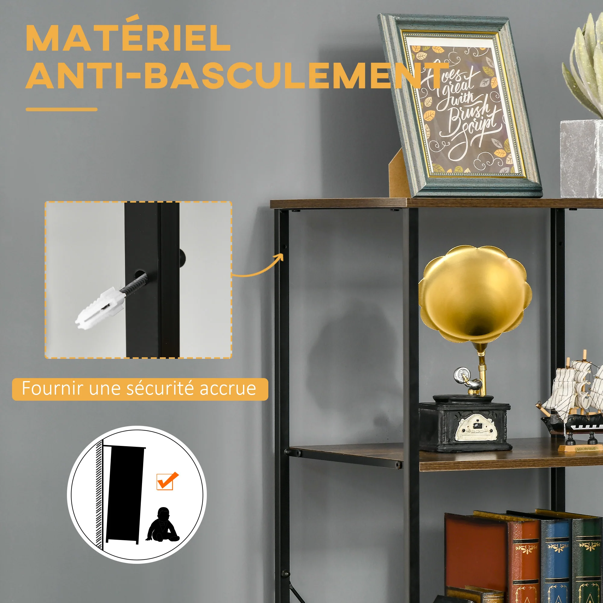 Bibliothèque Étagère Verticale de rangement avec 3 tiroirs en tissu amovibles - style industriel - dim. 44L x 40l x 155H cm, Chambre, Salon, Bureau, marron - Image 8