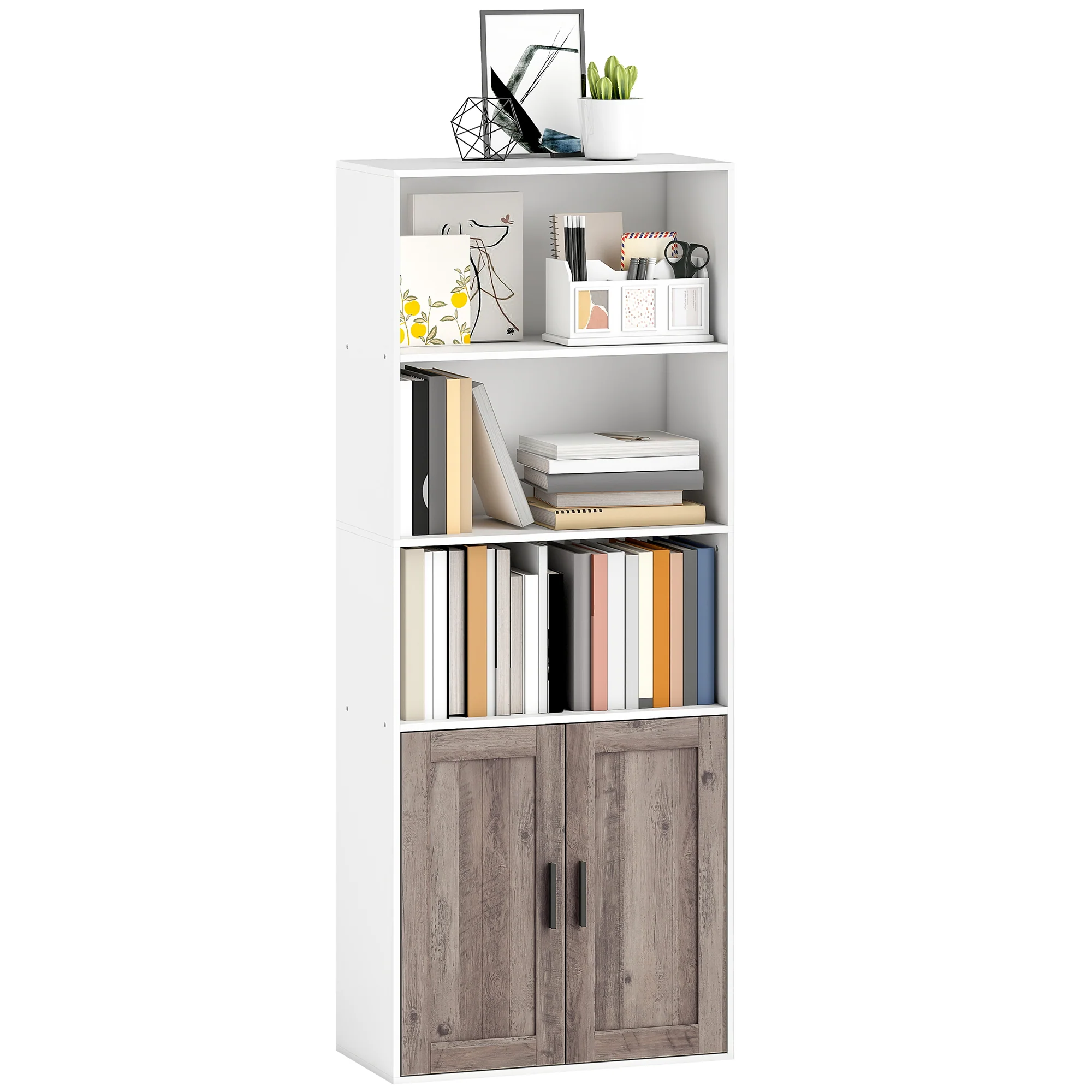 Bibliothèque meuble de rangement étagère à livres 5 niveaux avec compartiments ouverts et 1 placard, cadre en bois, pour salon, bureau, salle à manger, blanc - Image 11