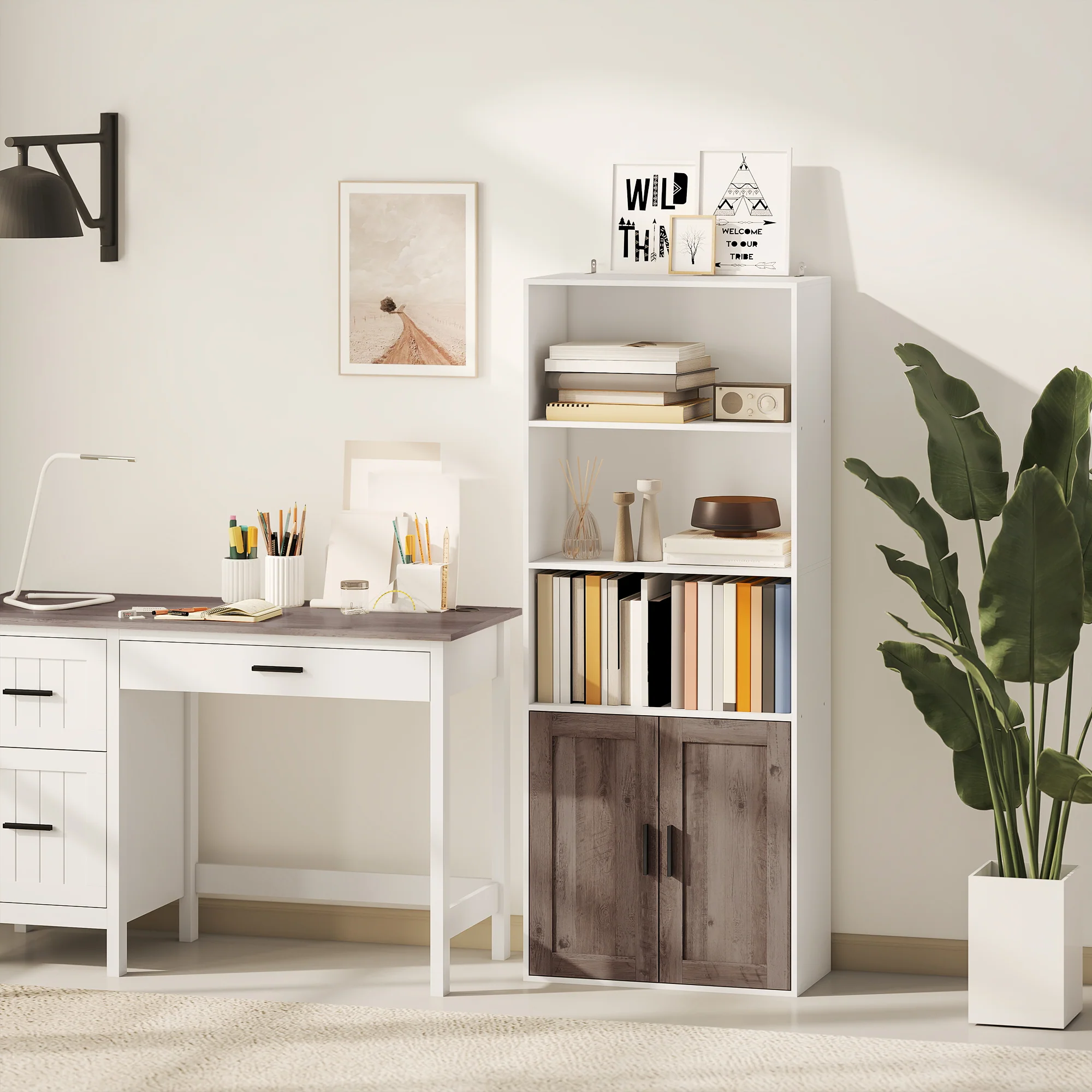 Bibliothèque meuble de rangement étagère à livres 5 niveaux avec compartiments ouverts et 1 placard, cadre en bois, pour salon, bureau, salle à manger, blanc - Image 3