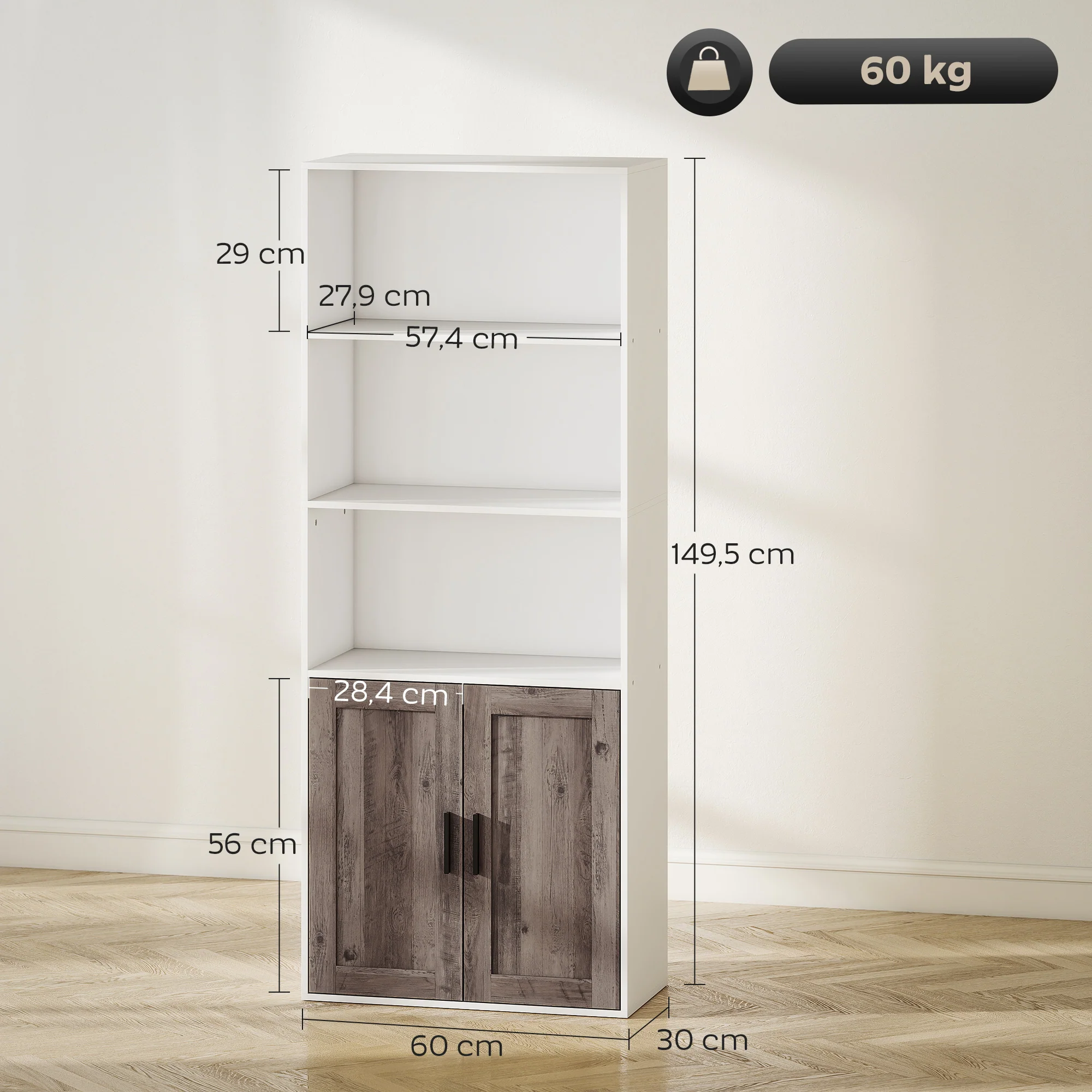 Bibliothèque meuble de rangement étagère à livres 5 niveaux avec compartiments ouverts et 1 placard, cadre en bois, pour salon, bureau, salle à manger, blanc - Image 4