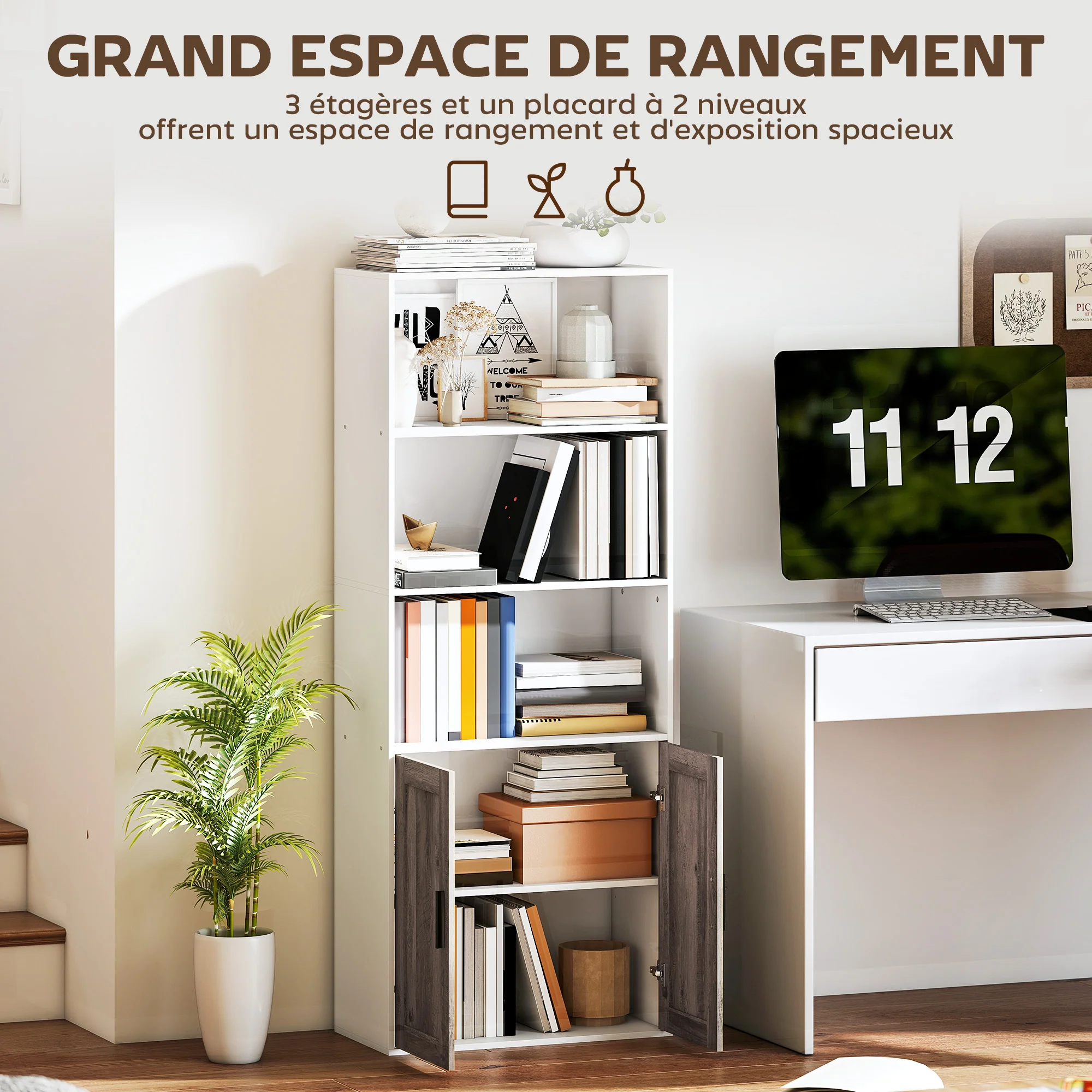 Bibliothèque meuble de rangement étagère à livres 5 niveaux avec compartiments ouverts et 1 placard, cadre en bois, pour salon, bureau, salle à manger, blanc - Image 5