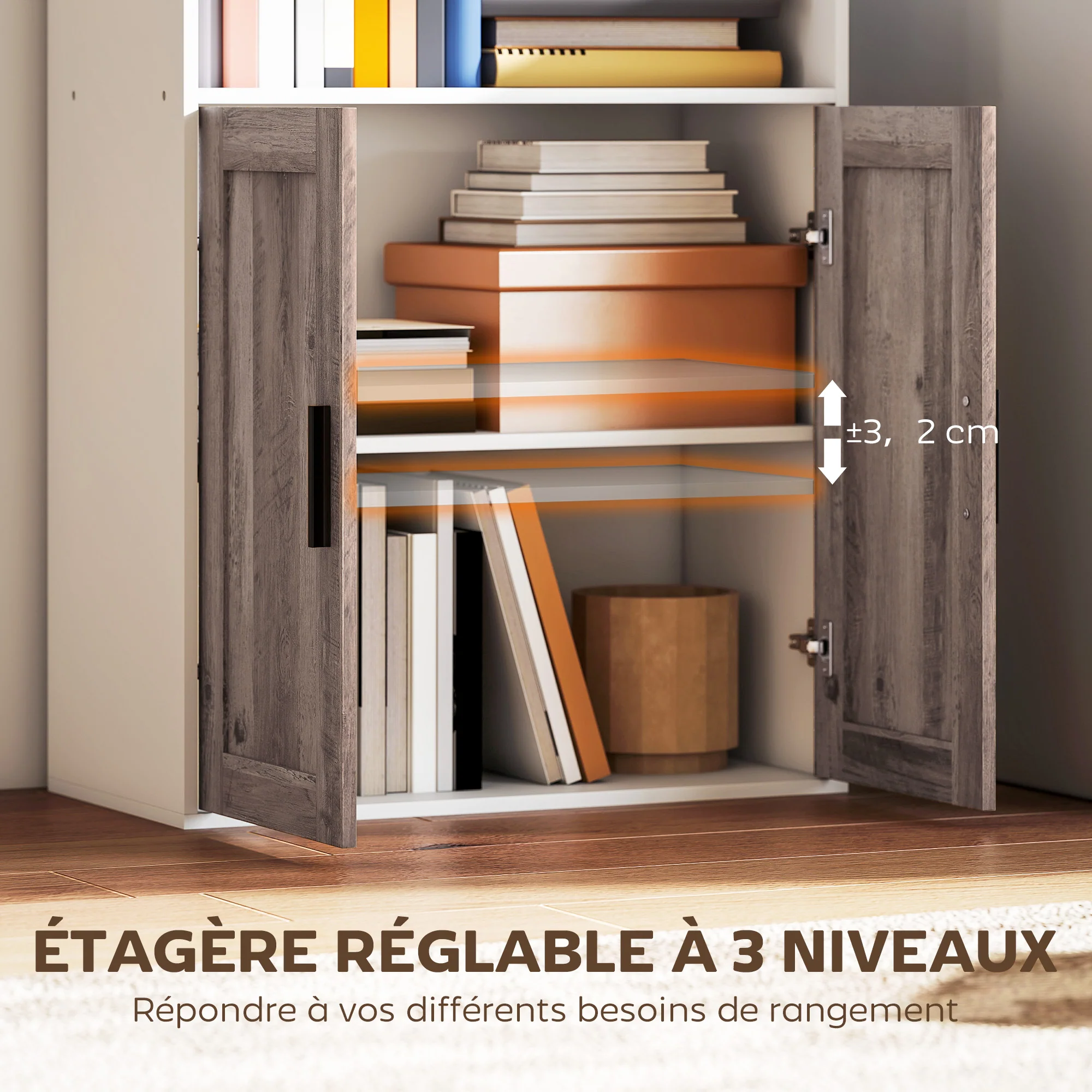 Bibliothèque meuble de rangement étagère à livres 5 niveaux avec compartiments ouverts et 1 placard, cadre en bois, pour salon, bureau, salle à manger, blanc - Image 6
